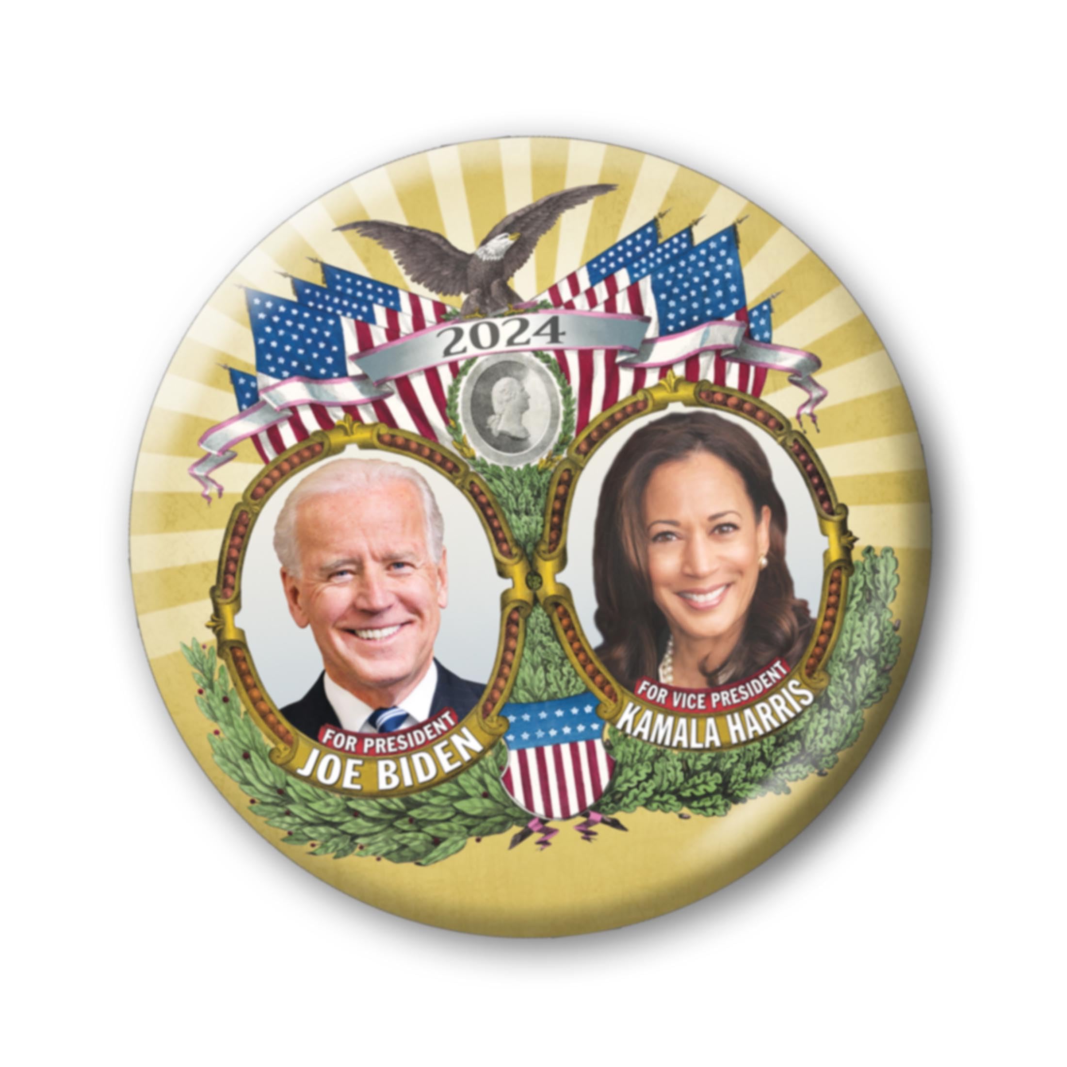 BUTTON DELIBiden Harris 2024 Button - Gold Jugate with Eagle and Flags - Vintage Design for Joe and Kamala Campaign Large 3 Inch Pinback