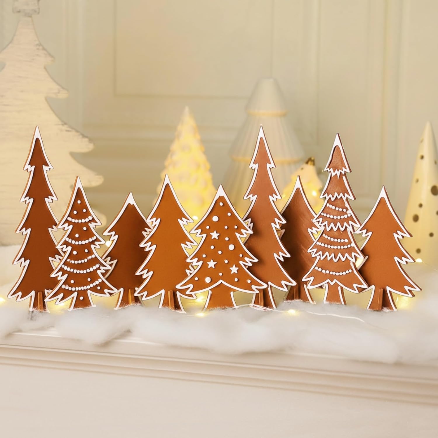 3 Set 10'' Gingerbread Christmas Table Tree Decorations 3D Wooden Christmas Gingerbread Village Ornaments for Xmas Tiered Tray Decorations Office Farmhouse Home Centerpieces Mantel Fireplace Decor