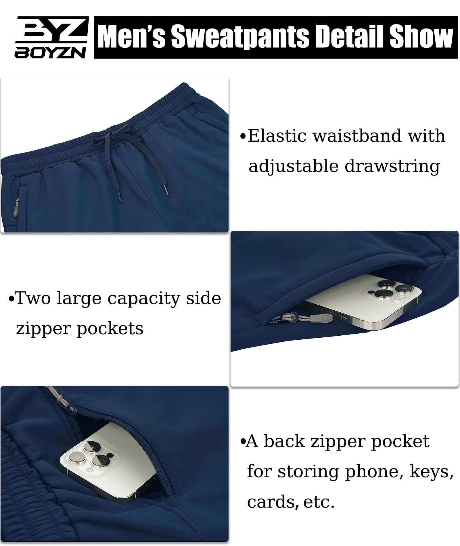 Boyzn Herren Winter Fleece Skihose mit Reißverschlusstaschen Warme Sweatpants Sonnenschutzhose Navy-L