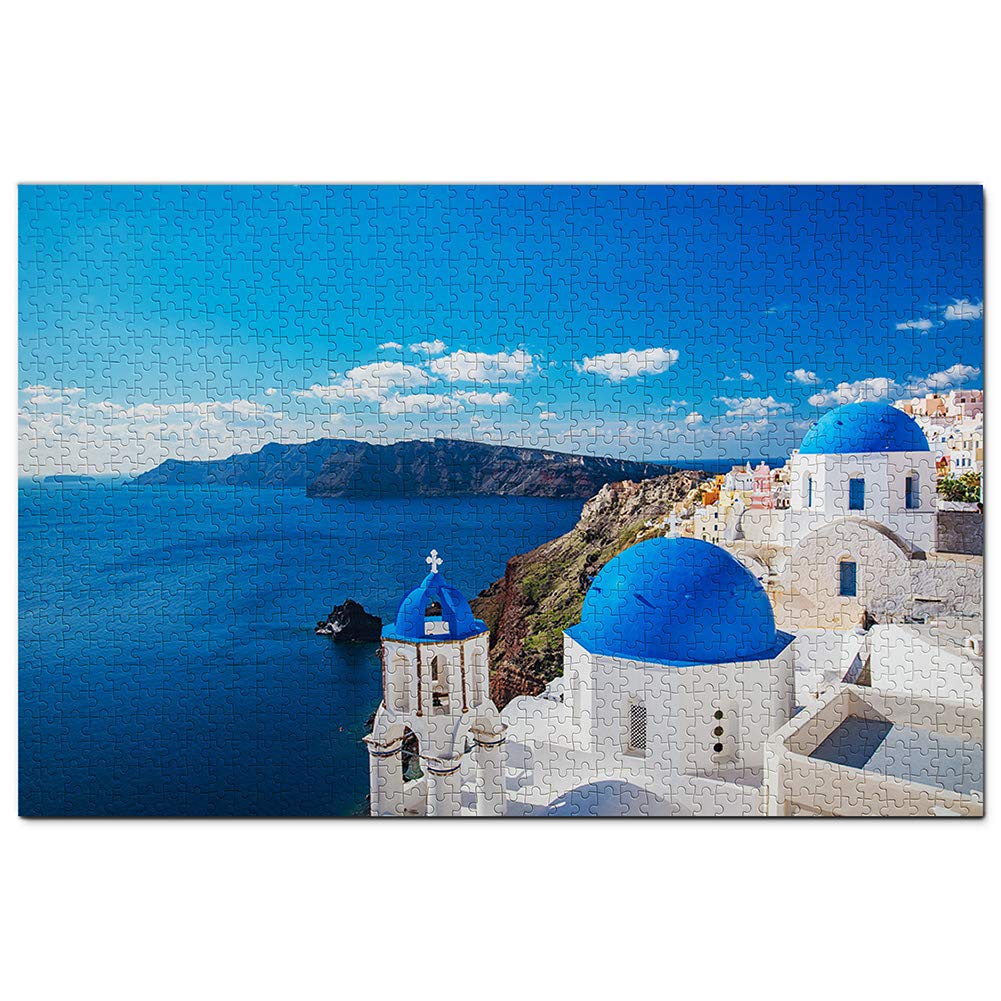 Greece Blue Church Oia Santorini Jigsaw Puzzle for Adults 1000 Piece Wooden Travel Gift Souvenir
