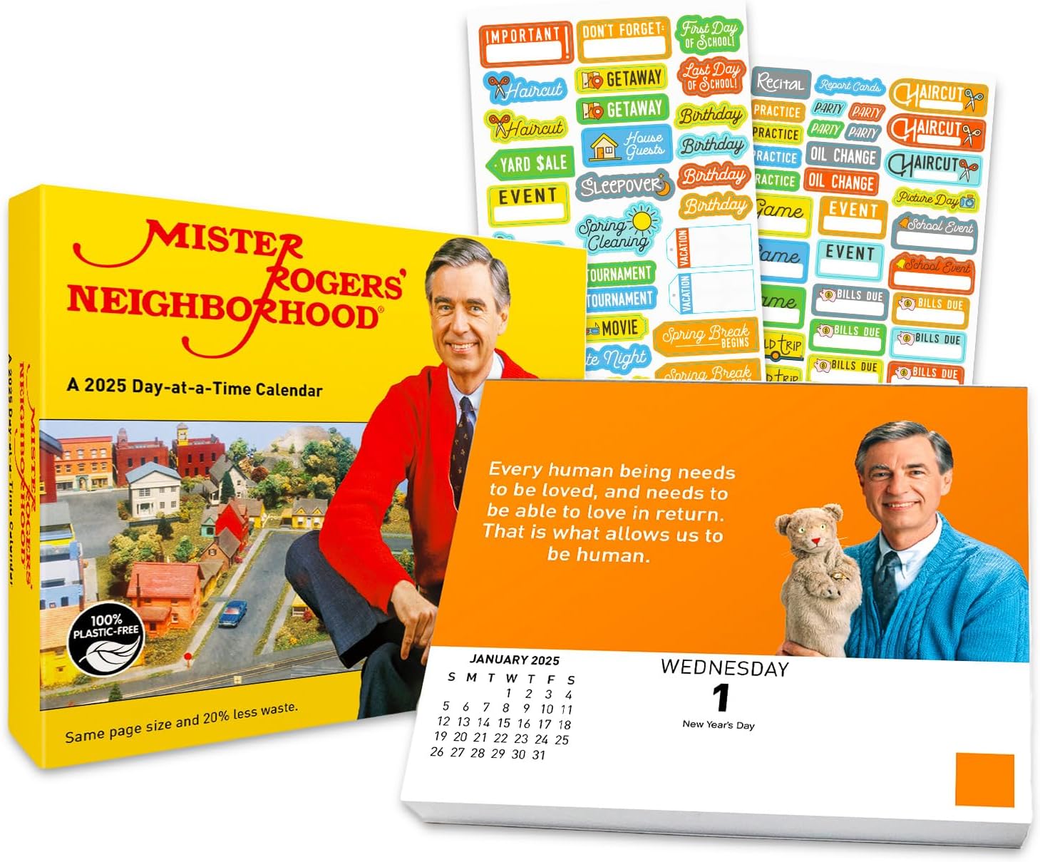 Mister RogersCalendar 2025 - Deluxe 2025 Mister Rogers' Neighborhood Day to Day Box Calendar Bundle with Over 100 Calendar Reminder Stickers (Uplifting Gifts, Office Supplies)
