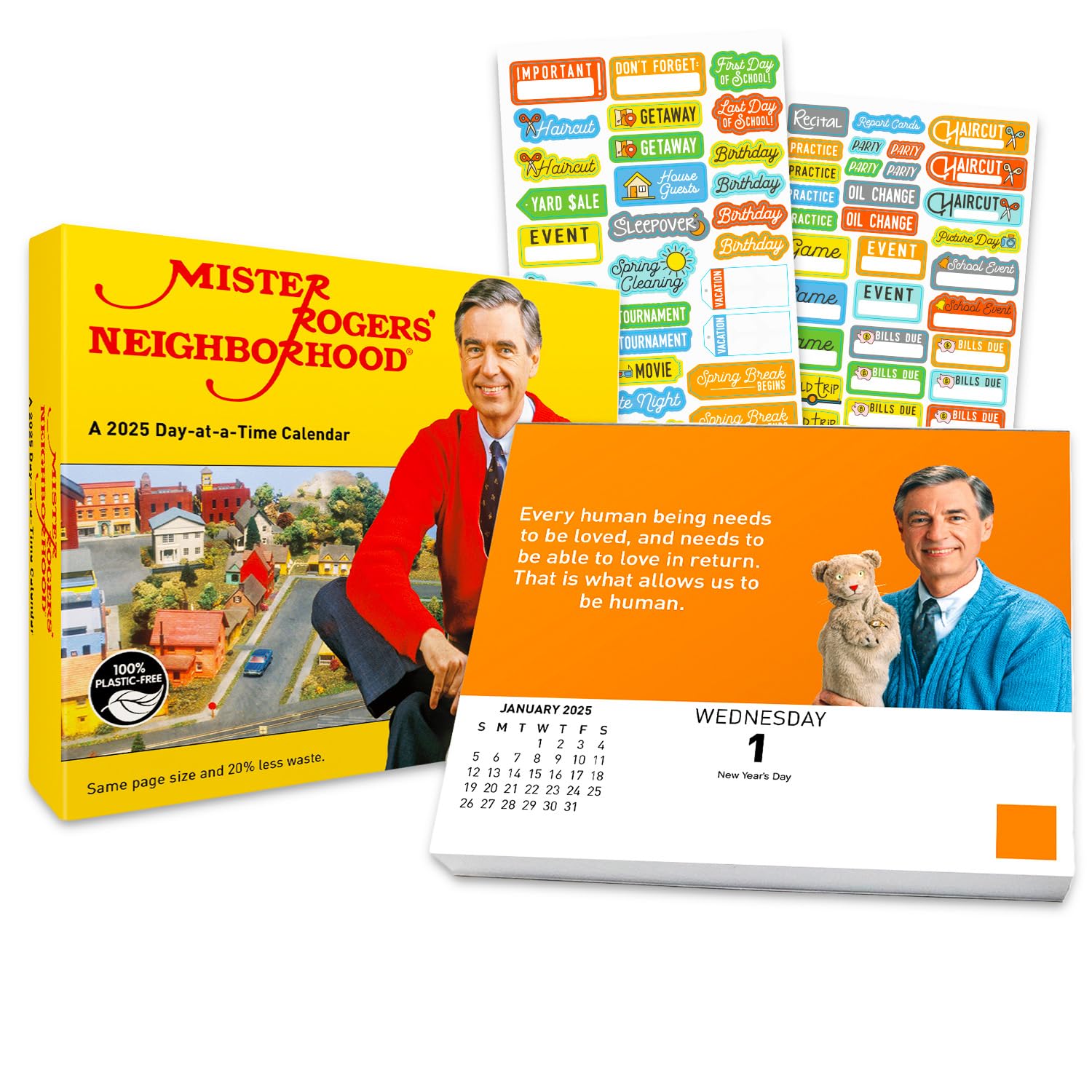 Mister RogersCalendar 2025 - Deluxe 2025 Mister Rogers' Neighborhood Day to Day Box Calendar Bundle with Over 100 Calendar Reminder Stickers (Uplifting Gifts, Office Supplies)