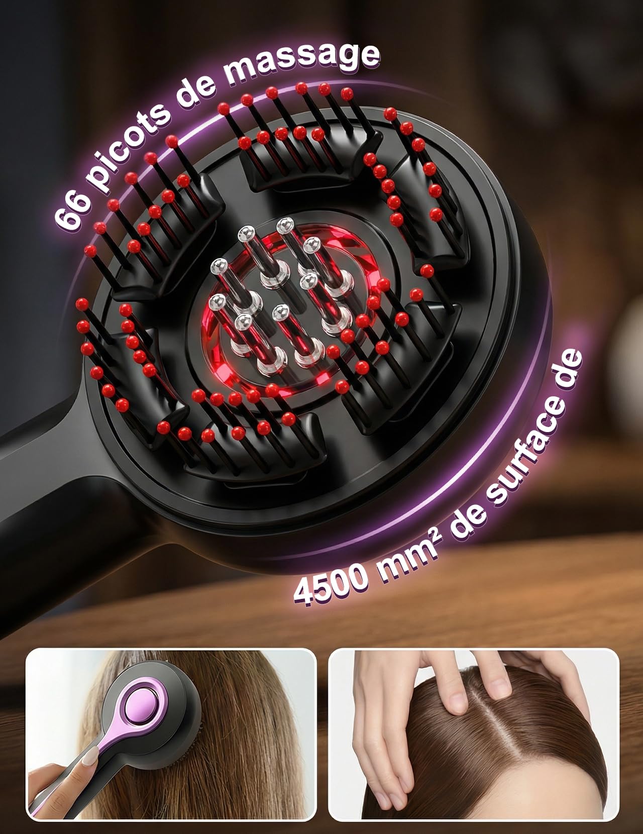 EMS Comb Brosse de massage électrique 2 en 1 pour cuir chevelu | 66 dents de massage, 8 dents de conduction d'huile, 1400 mAh, Portable, 3 niveaux de massage