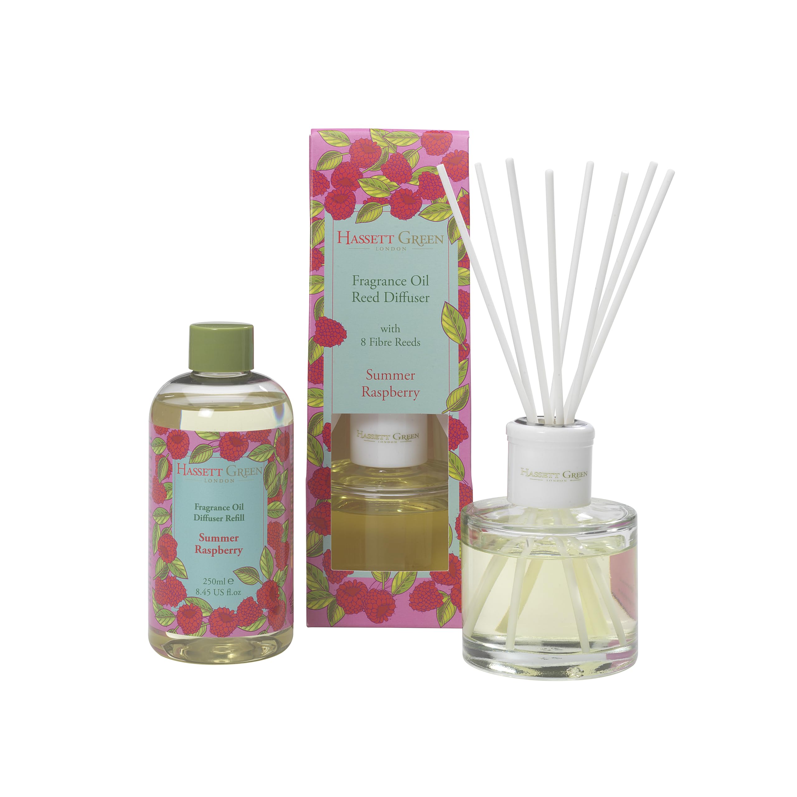Hassett Green London Summer Raspberry Reed Diffuser & Refill Set | 100ml glass diffuser, 8 fibre reeds & 250ml refill, Sun-ripened fruit, citrus & orchard notes, Alcohol-free, UK made, Vegan