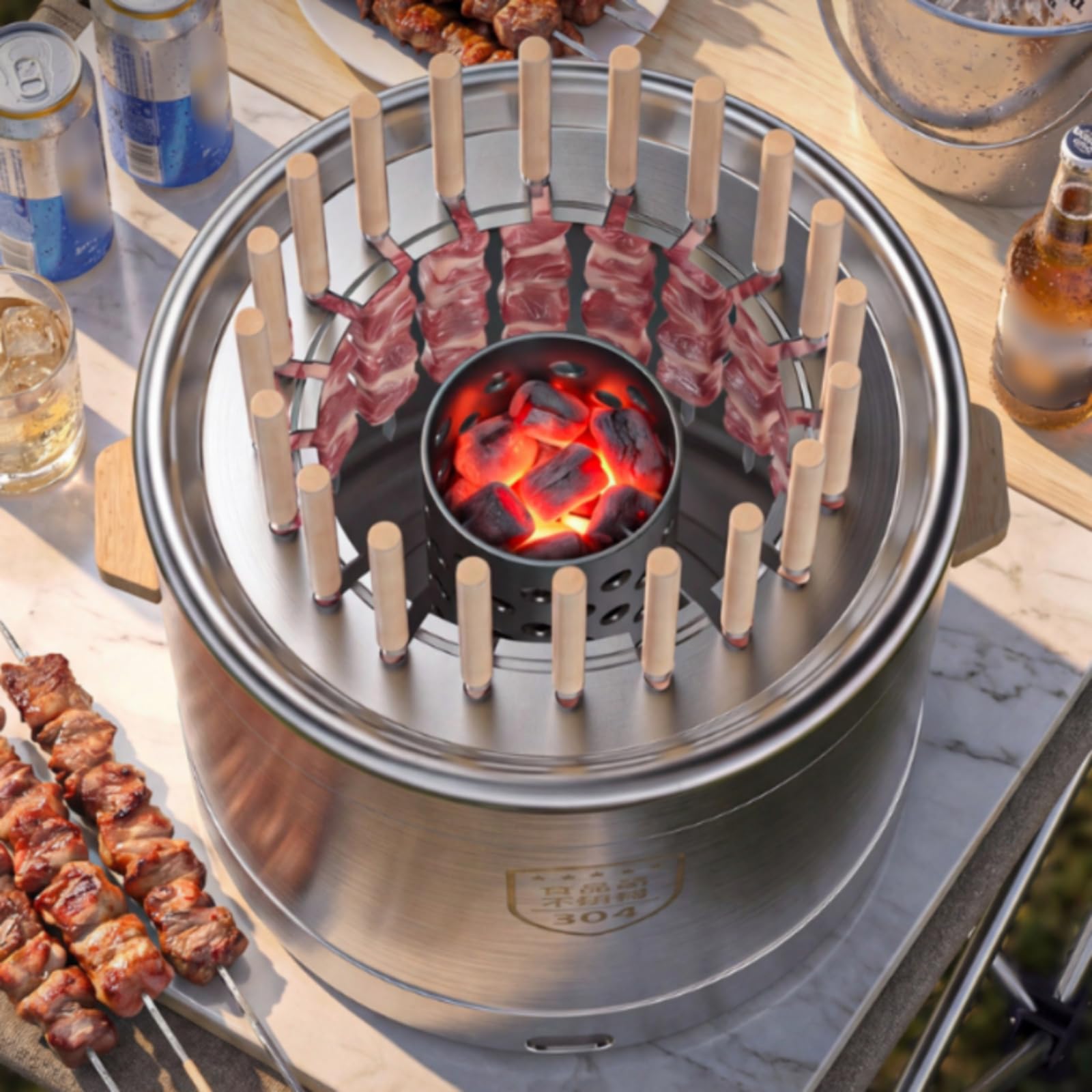Parrilla de Barbacoa al Aire Libre Parrilla Asador Horno Ahumador con Malla 304 Brocha de Aceite y Cajas de Condimentos Asas de Madera para Transporte