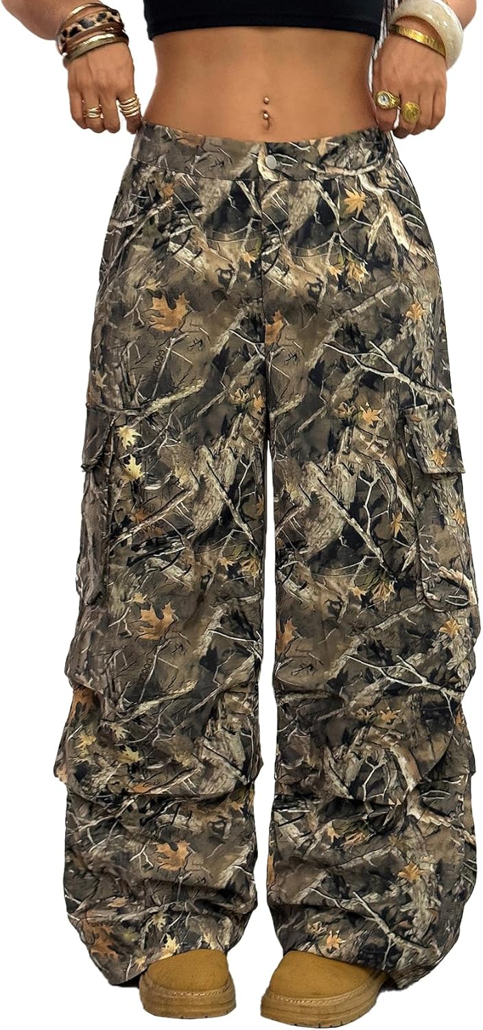 OYOANGLE Women's Camo Print Baggy Cargo Pants Elastic Waist Flap Pocket Straight Leg Trousers Streetwear