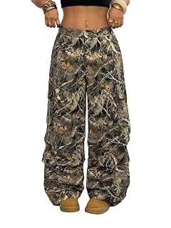 OYOANGLE Womens Camo Print Baggy Cargo Pants Elastic Waist Flap Pocket Straight Leg Trousers Streetwear