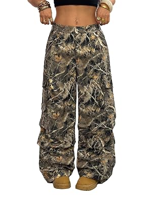 OYOANGLE Womens Camo Print Baggy Cargo Pants Elastic Waist Flap Pocket Straight Leg Trousers Streetwear