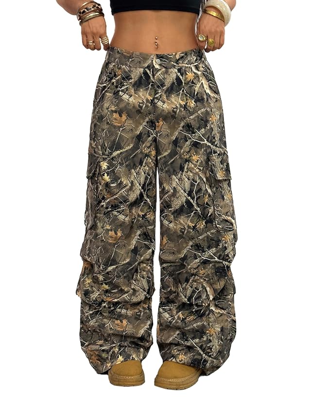 OYOANGLE Womens Camo Print Baggy Cargo Pants Elastic Waist Flap Pocket Straight Leg Trousers Streetwear