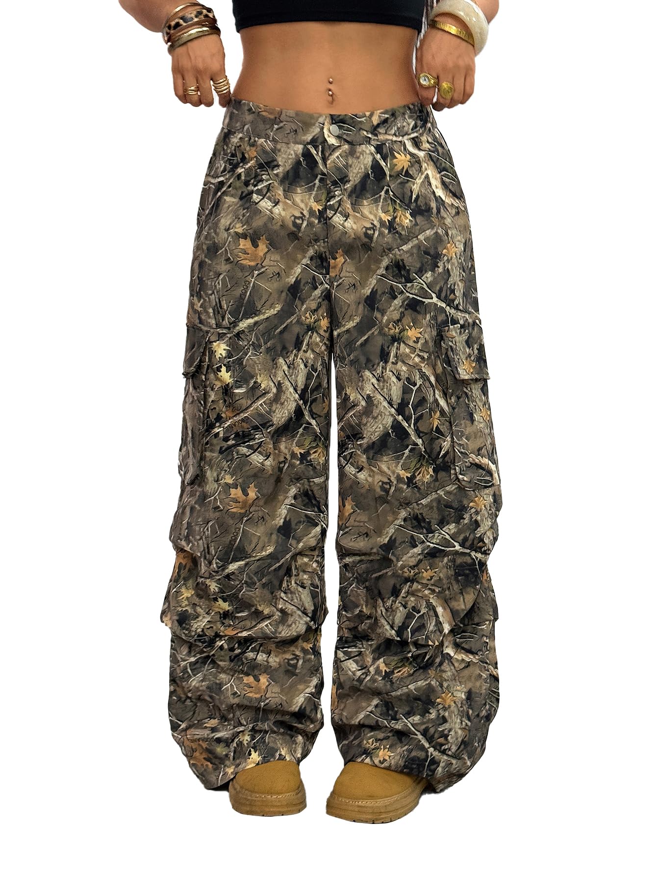 OYOANGLE Womens Camo Print Baggy Cargo Pants Elastic Waist Flap Pocket Straight Leg Trousers Streetwear
