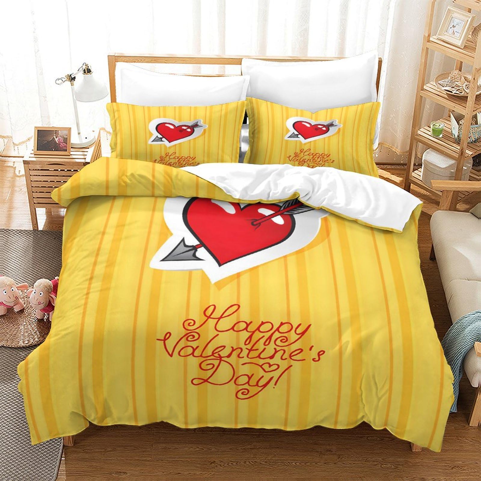 LIAOHENKAN Valentine's Heart With Arrow Teens Soft Microfiber Bedding Set Full Size 3Pcs Comforter Set with Zipper Closure Ultra Soft Quilt Set Duvet Cover Set Breathable Room Decor Single（140x200cm）