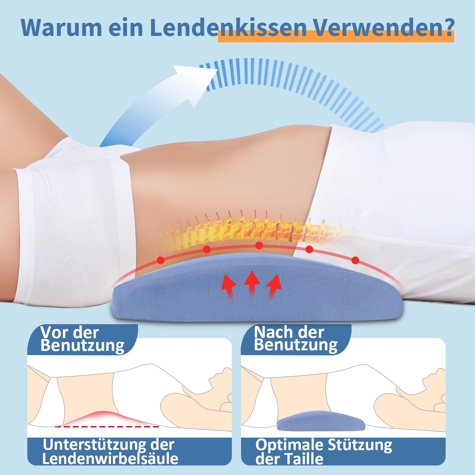Cuscino lombare con gel refrigerante – Cuscino di supporto per la schiena in memory foam per letto, ufficio e auto, supporto ergonomico per lordosi contro il mal di schiena per chi dorme sul