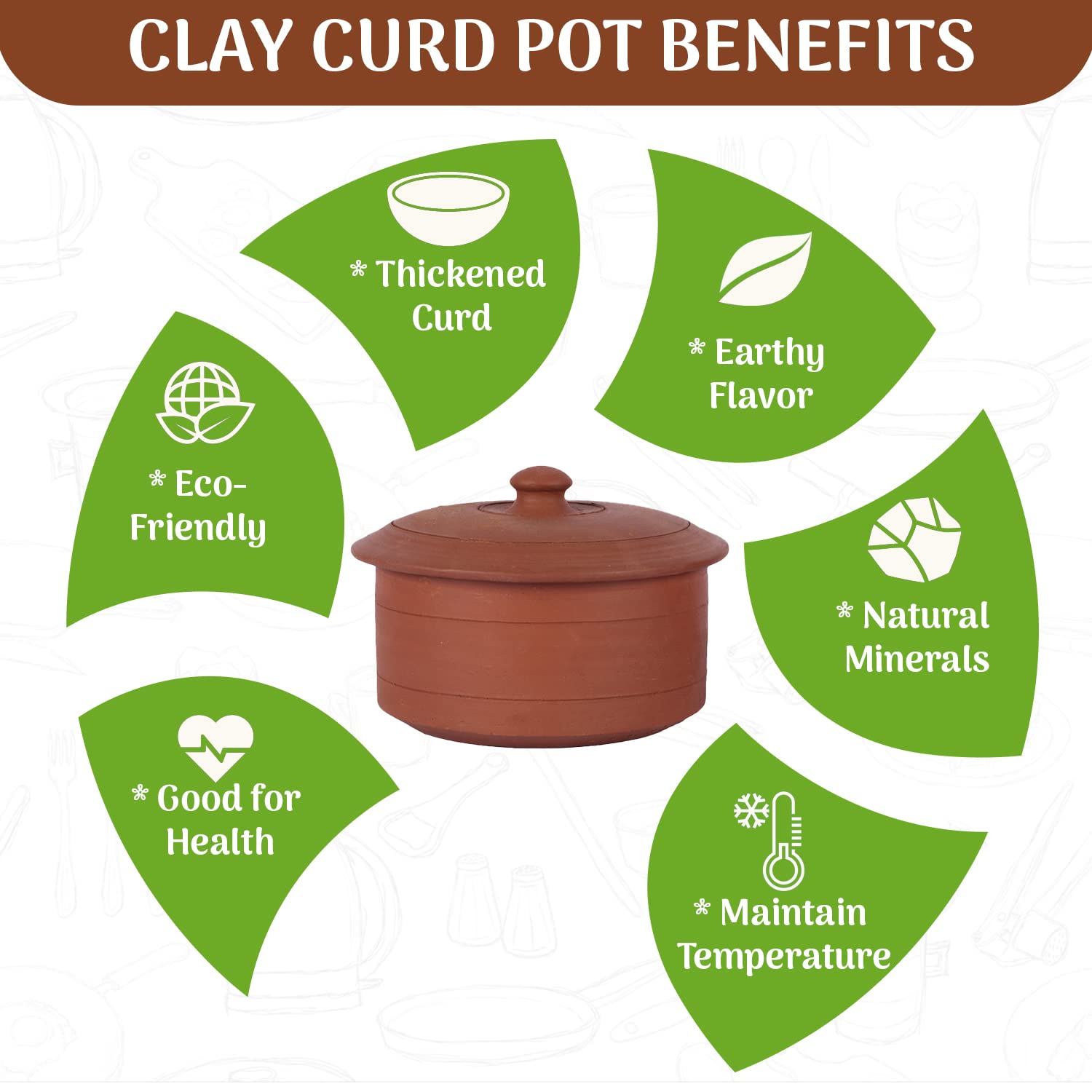 Village Decor handmade earthen clay natural yogurt maker/clay curd pot with lid (1000 ML / 34 OZ - 2 QTY)