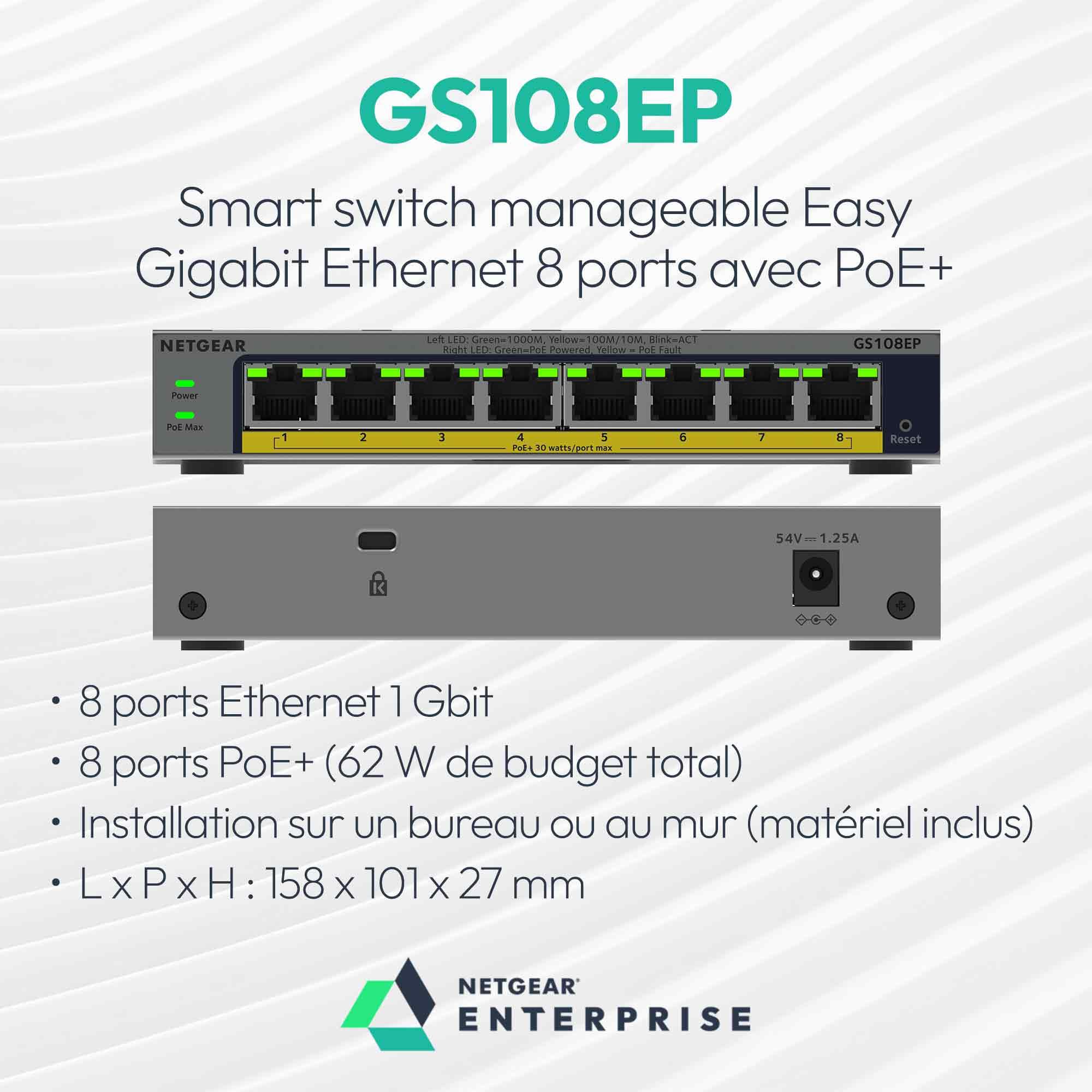 NETGEAR Smart Switch manageable Easy Gigabit Ethernet 8 Ports avec PoE+ - avec 8 Ports PoE+ 62 W, sans Ventilateur, Montage sur Un Bureau ou au Mur (GS108EP)