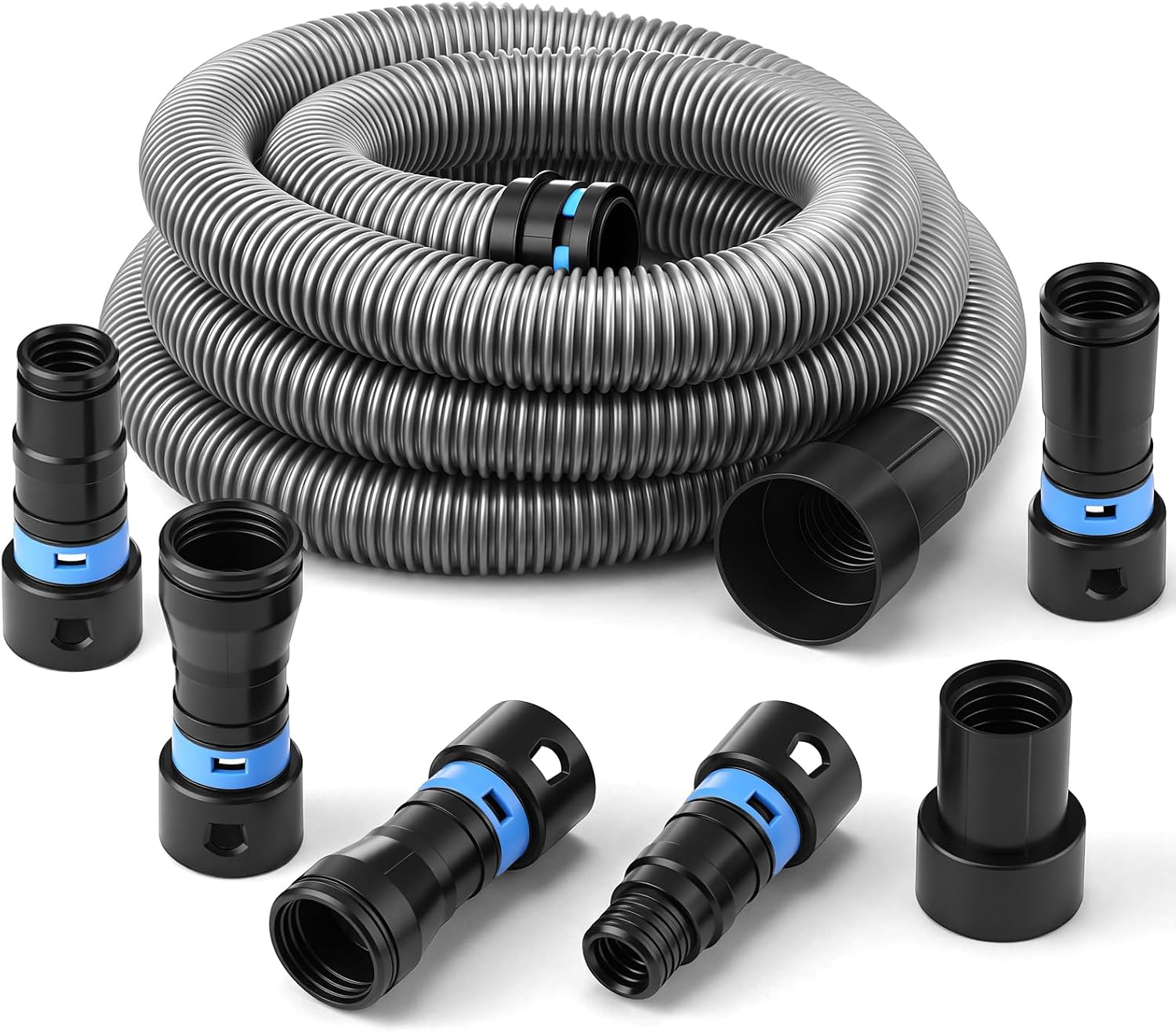 16ft Dust Collection Hose Kit for Vacuums, Universal Power Tool Vacuum Adapter Set with 6 Quick Connect Adapters, Flexible Hose for Woodworking Sanders, Miter Saws & Table Saws(Grey)