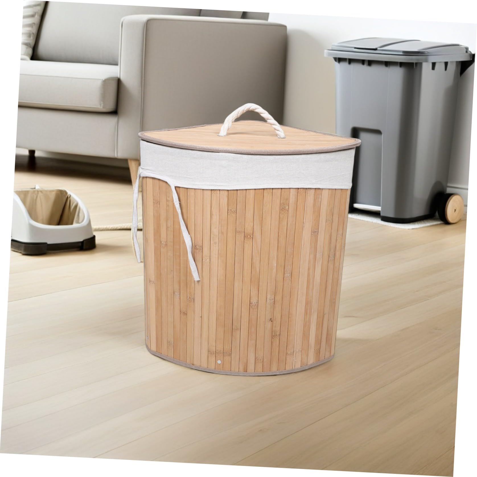 Beaupretty Cesto Porta Biancheria Triangolare con Coperchio per Angolo Materiale Naturale Dimensioni per Organizzare gli Spazi in Casa
