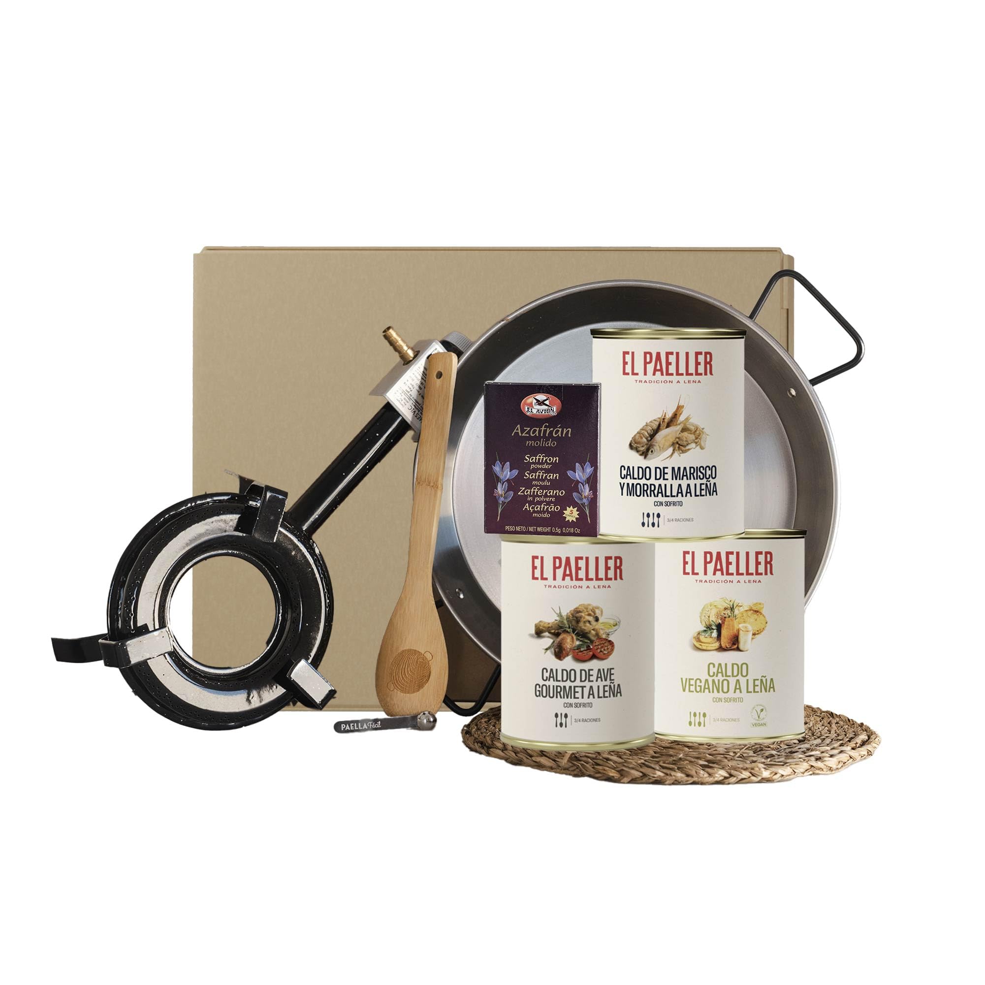 EL PAELLER - Cesta Gourmet para Regalar - Kit Iniciación para Paellas - Incluye Paellero a Gas, Paella de Hierro, Medidor, Set de Caldos, Salvamantel, Cuchara de Madera y Azafrán