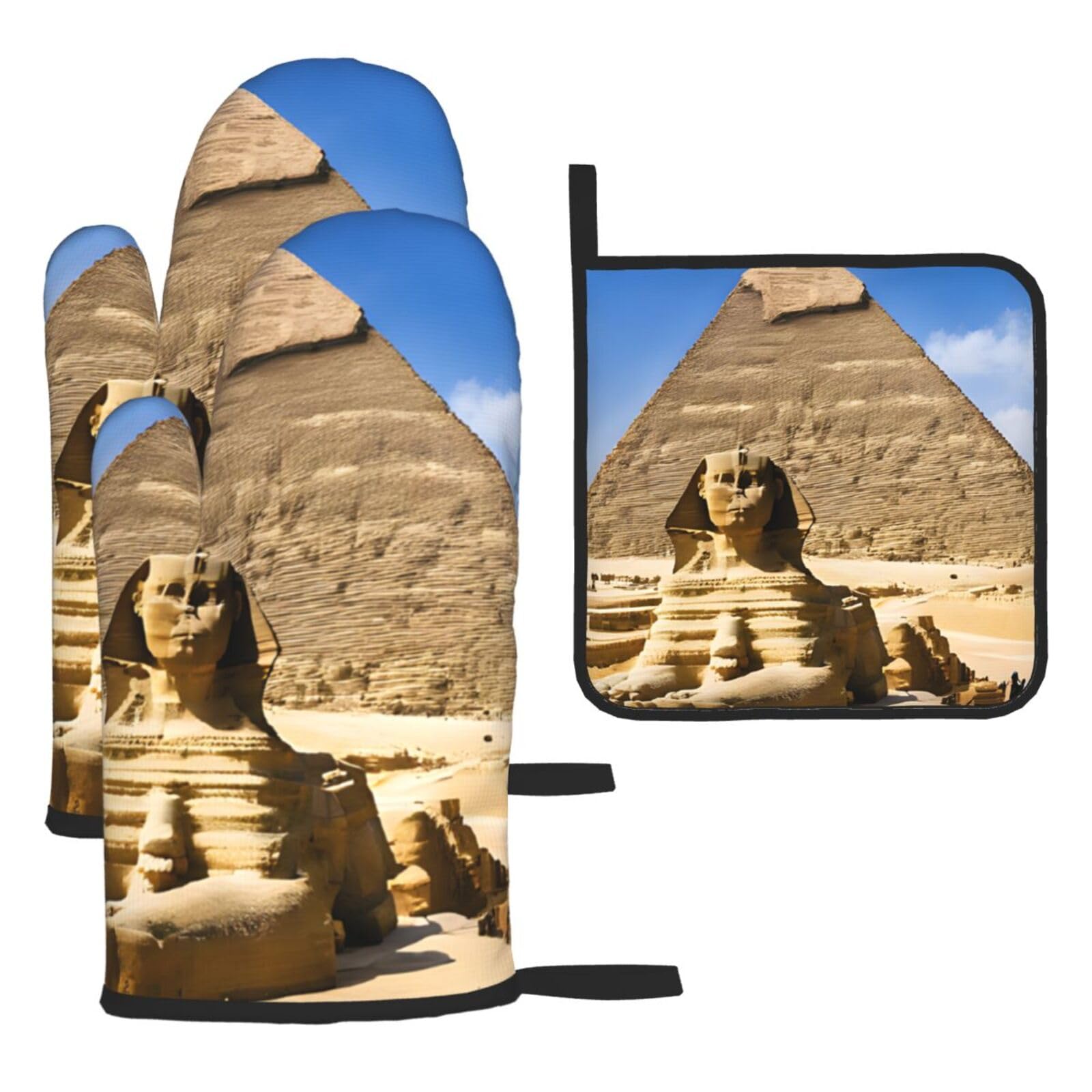 Pyramids of Egypt Print Oven Mitts Pot Holders Sets,Kitchen Glove Potholder,Surface Safe for Baking, Cooking, Bbq,Cooks Gifts,Pack of 3.