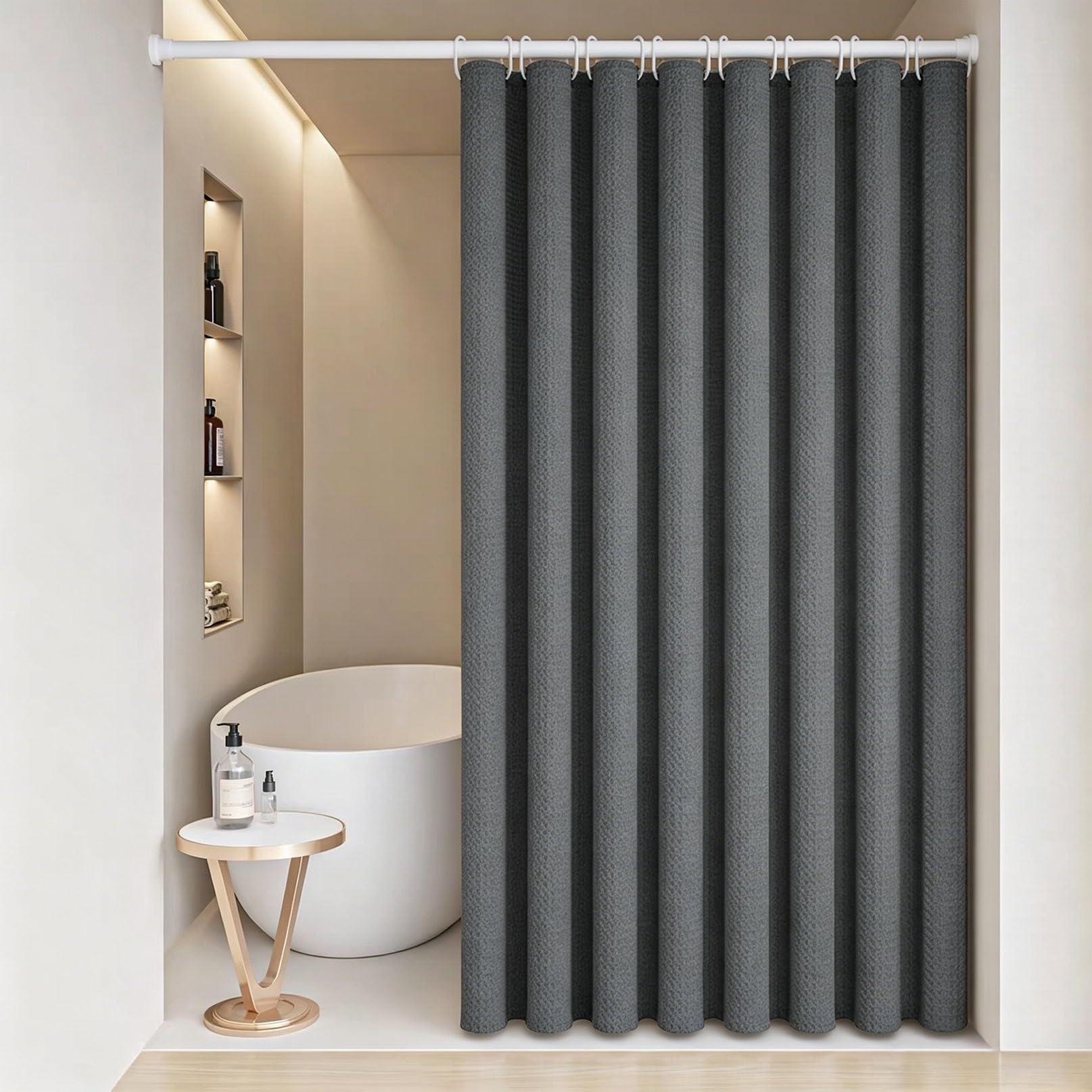 Rcyongq Grey Shower Curtain For Bathroom Water And Mould Resistant Fabric, Waffle Bath Curtains Includes 12 Pcs Curtain Hooks, Quick-Drying, 230G/㎡ For Bathroom Wet Room Tub(Gray,180X180cm)