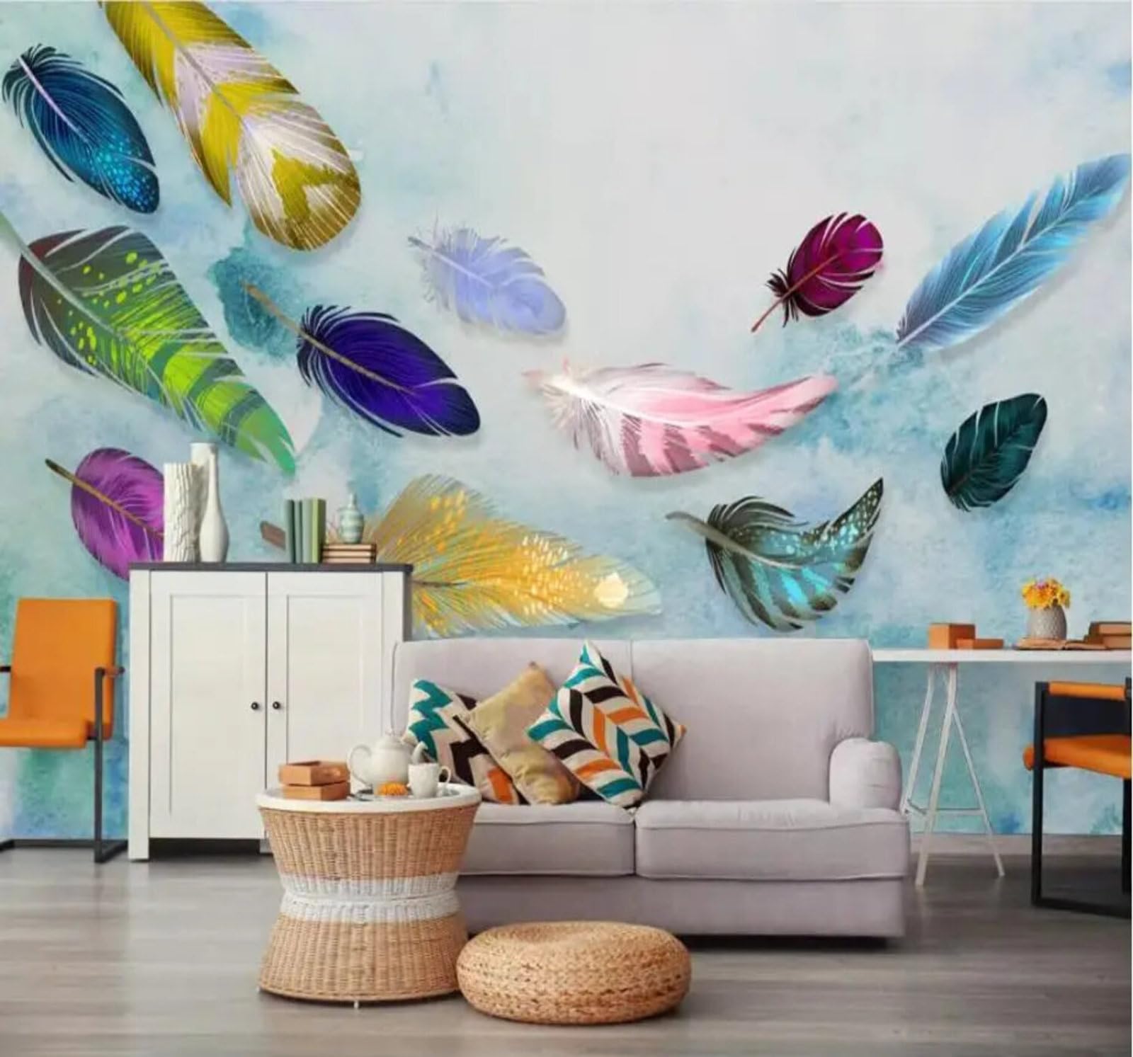 Xlming 250Cm×170Cm(B×H) Creative Hand Drawn Colour Feathers Art 3D Wallpaper Premium Textured Silk Study Dining Living Room Bedroom Sofa Tv Wall Easy Install-250Cm×170Cm