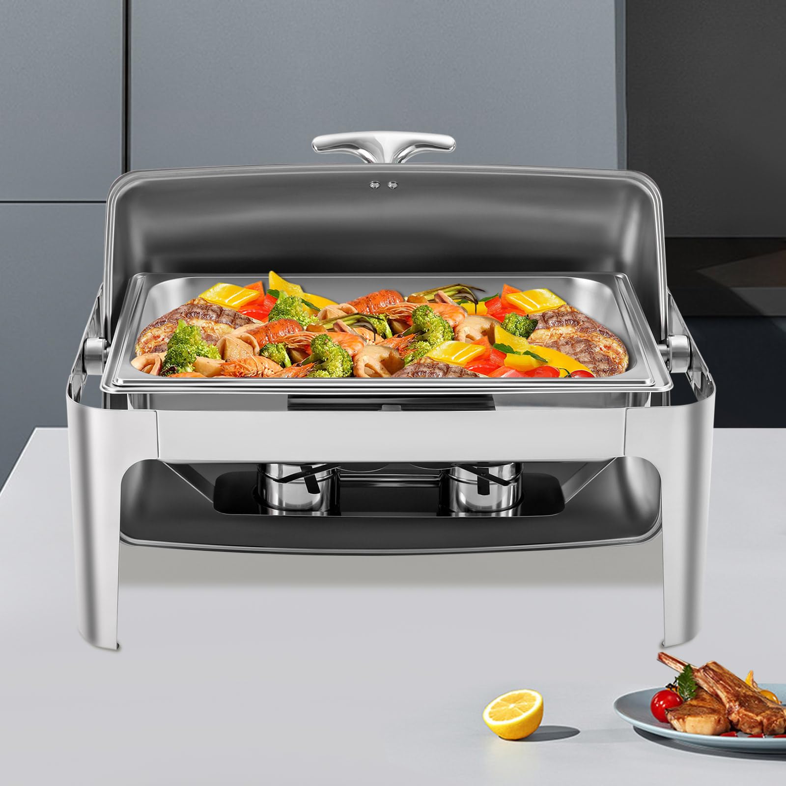 9L/9.5QT Roll Top Chafing Dish Buffet Set Stainless Steel Rectangular Buffet Set Chafing Server Set with Foodr Pan for Wedding,Parties,Banquet,25.2 * 18.11 * 17.32in,Silver (1 Grids)