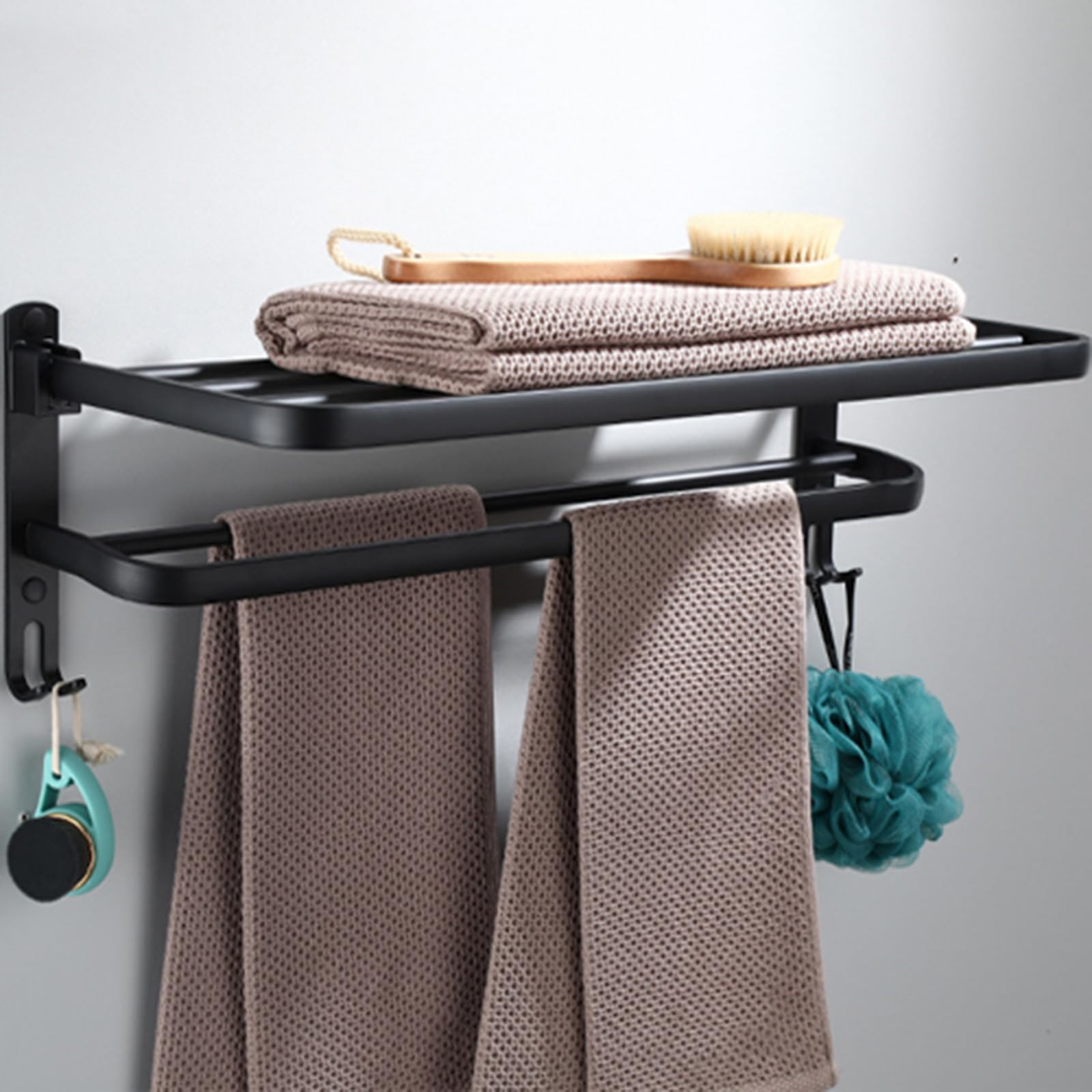 Porte-serviettes mural noir pliable en aluminium avec crochet salle de bain
