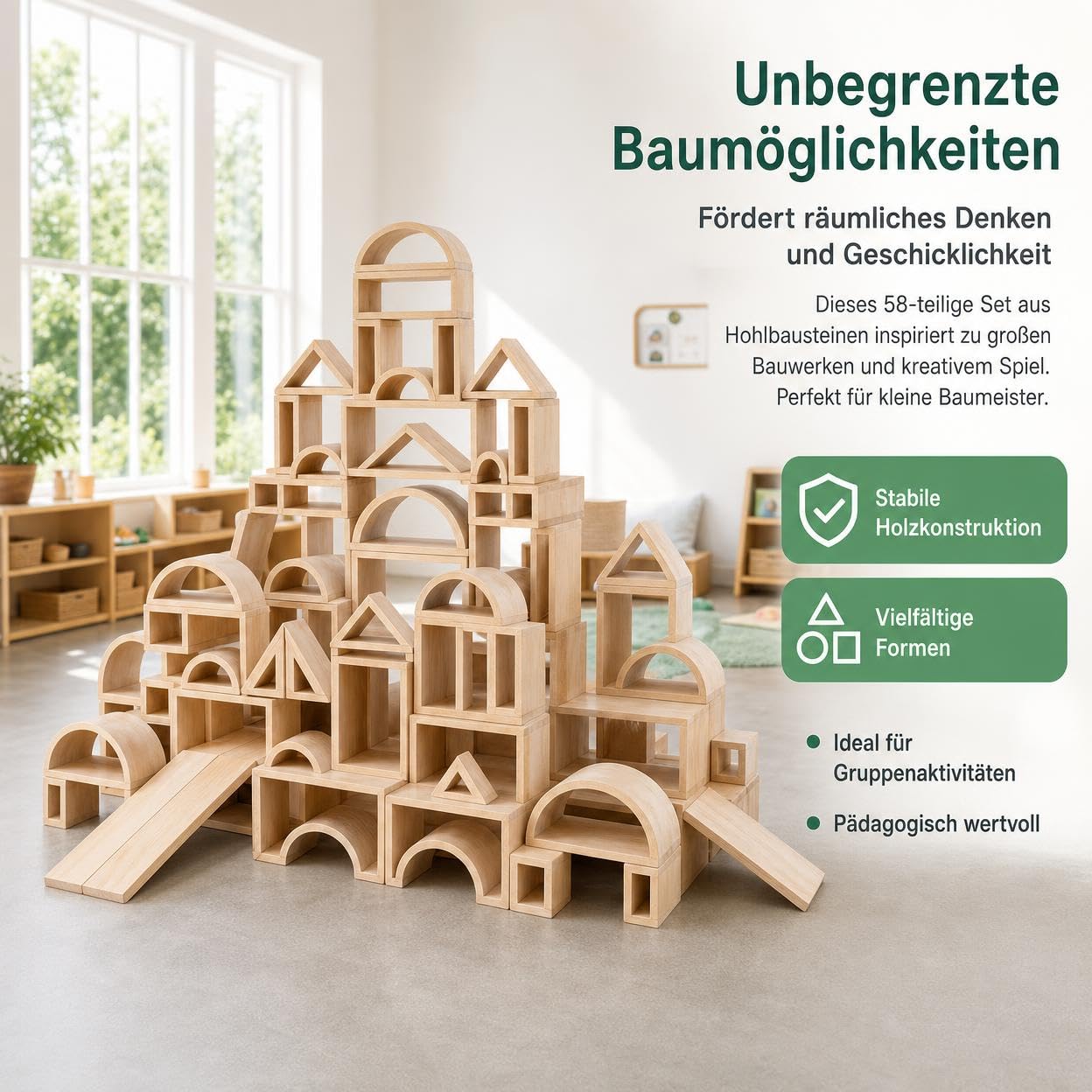 Große Bauklötze, 58 Hohlbausteine aus Natur, Spielzeug ab 6 Monate für Kleinkinder, stapelbar für draußen
