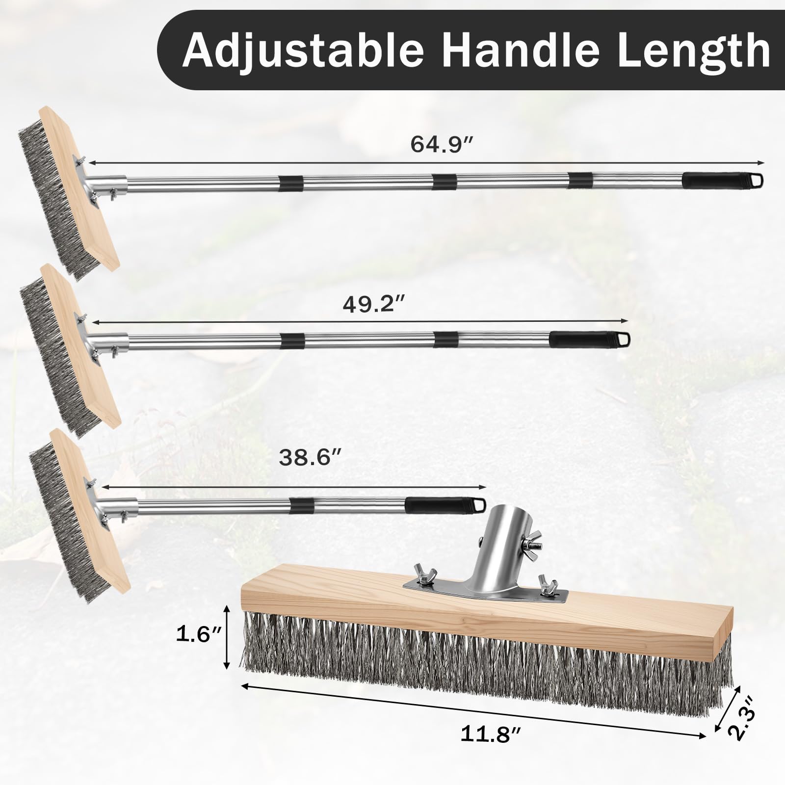 Cepillo de acero inoxidable con mango ajustable, limpiador de cerdas rígidas resistente para superficies rugosas, eliminación de musgo y manchas resistentes en hormigón, lechada, patio, garaje y