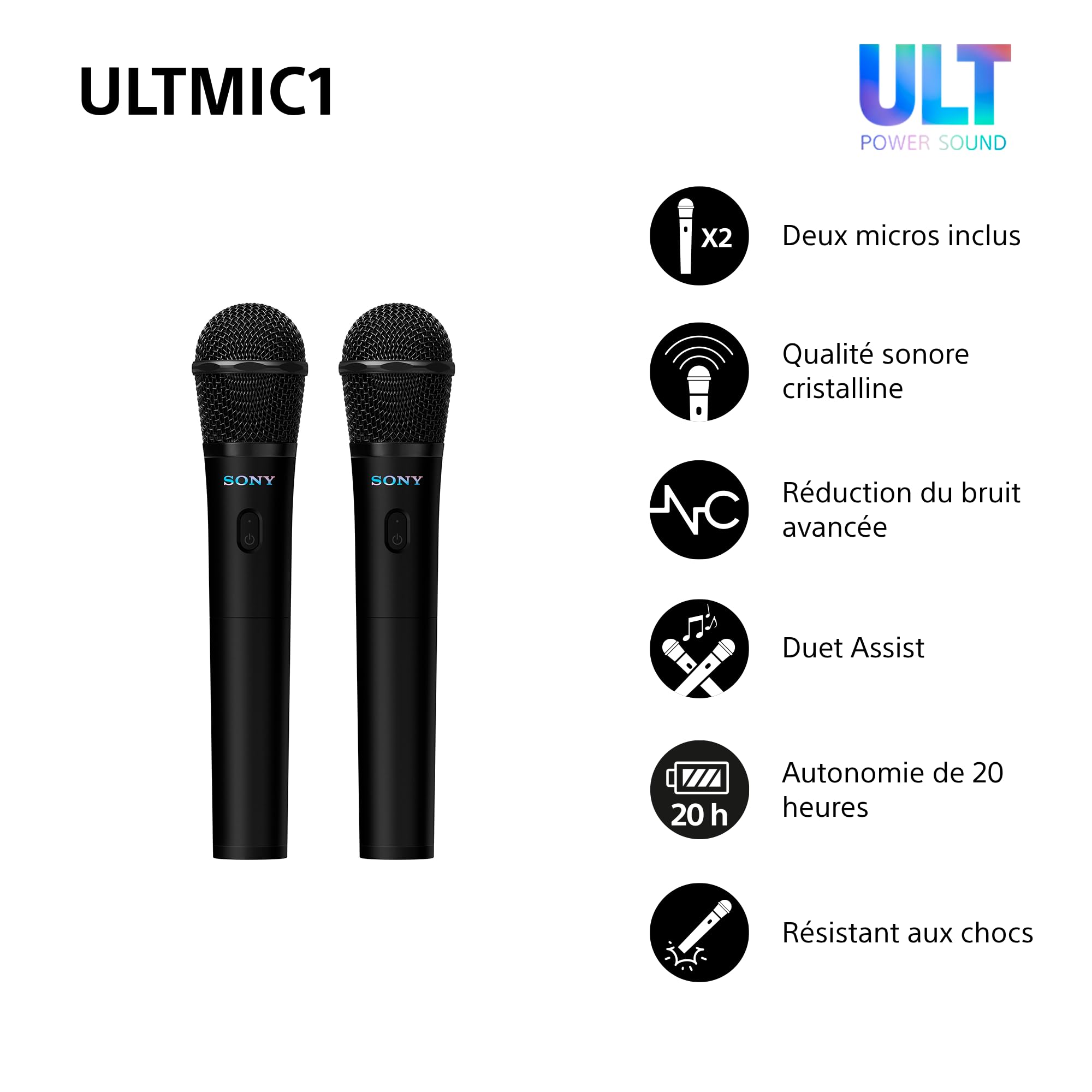 Sony ULTMIC1 - Pack de 2 Microphones sans Fil et récepteur, réduction de Bruit avancée, Duet Assist, Batterie de 20h, résistant aux Chocs, Parfait avec Les Enceintes festives ULT Power Sound - Noir