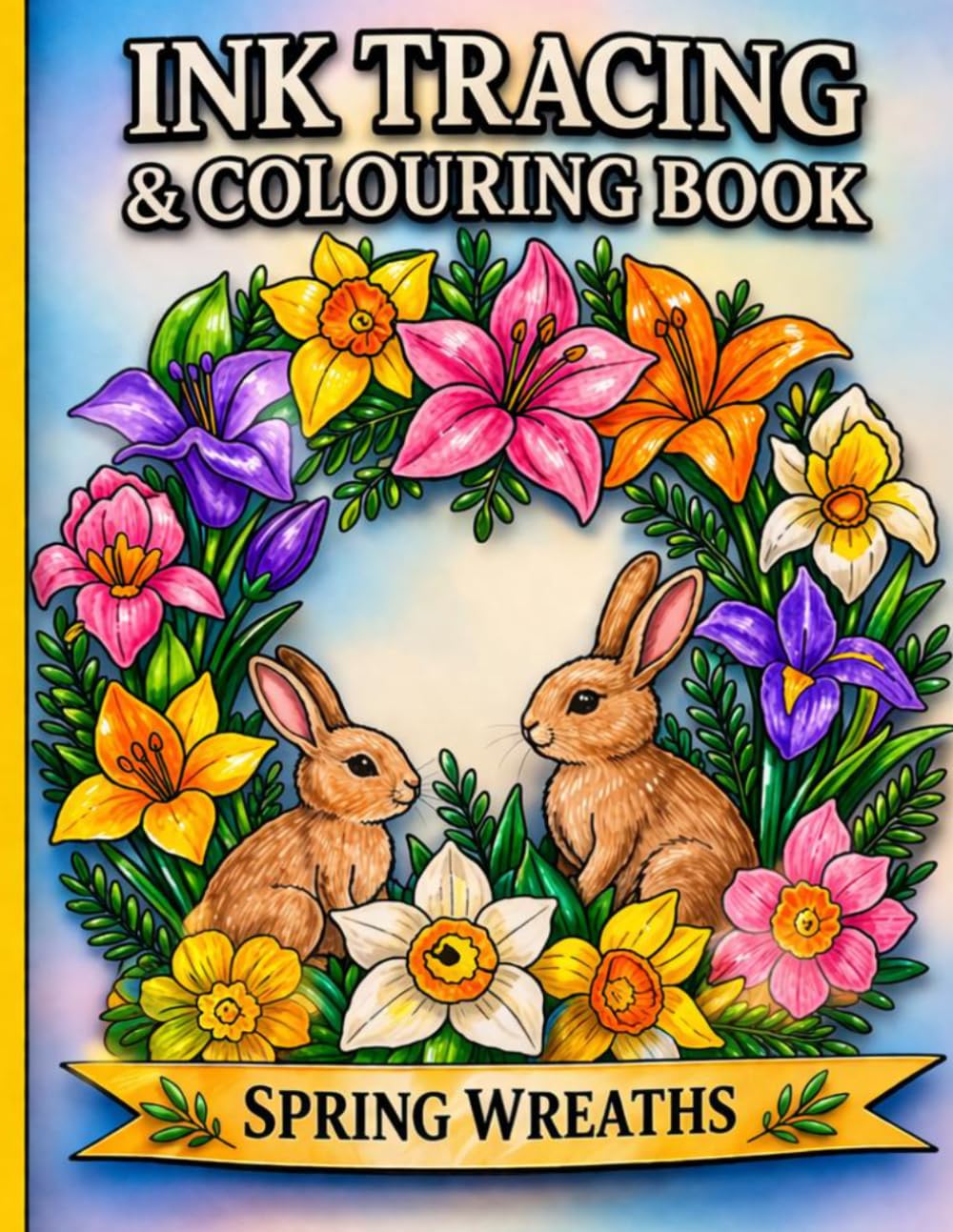 Ink Tracing and Colouring Book: Spring Wreaths - Trace First, Then Colour for Calm Creative Focus | Spring Floral Wreath Designs with Rabbits, Chicks and Seasonal Patterns