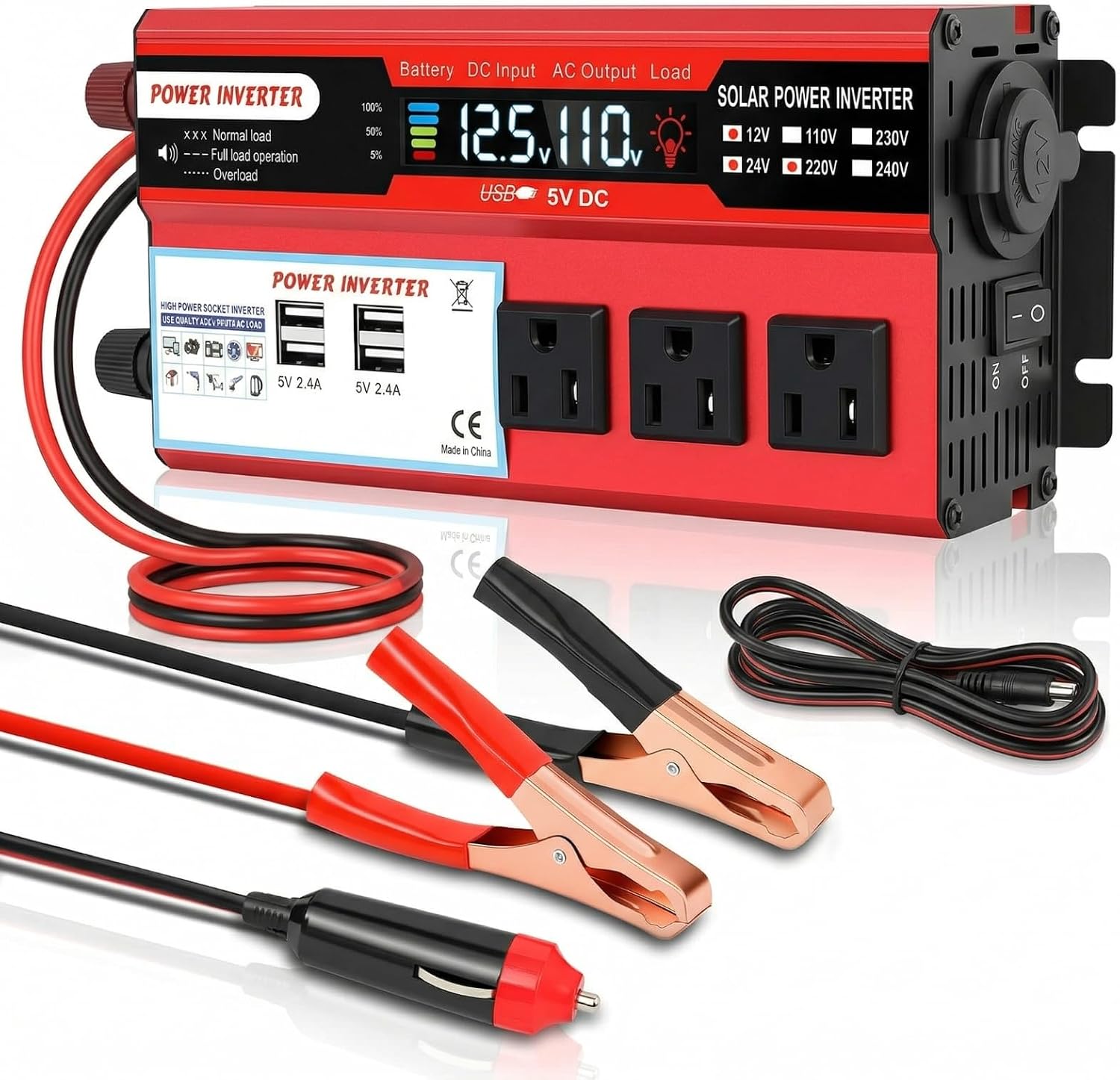 500 Watt Pure Sine Wave Power Inverter, 12V DC to 110V Converter with 3 AC Outlets, 4 USB Ports and LCD Display, for Home, RV, Truck and Off-Grid Solar Systems