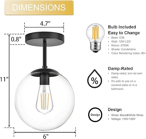 Miniatura 5 de Lámpara de techo semiempotrada de globo moderno de mediados de siglo, cristal transparente con acabado, luces colgantes de cristal negro de 1 luz