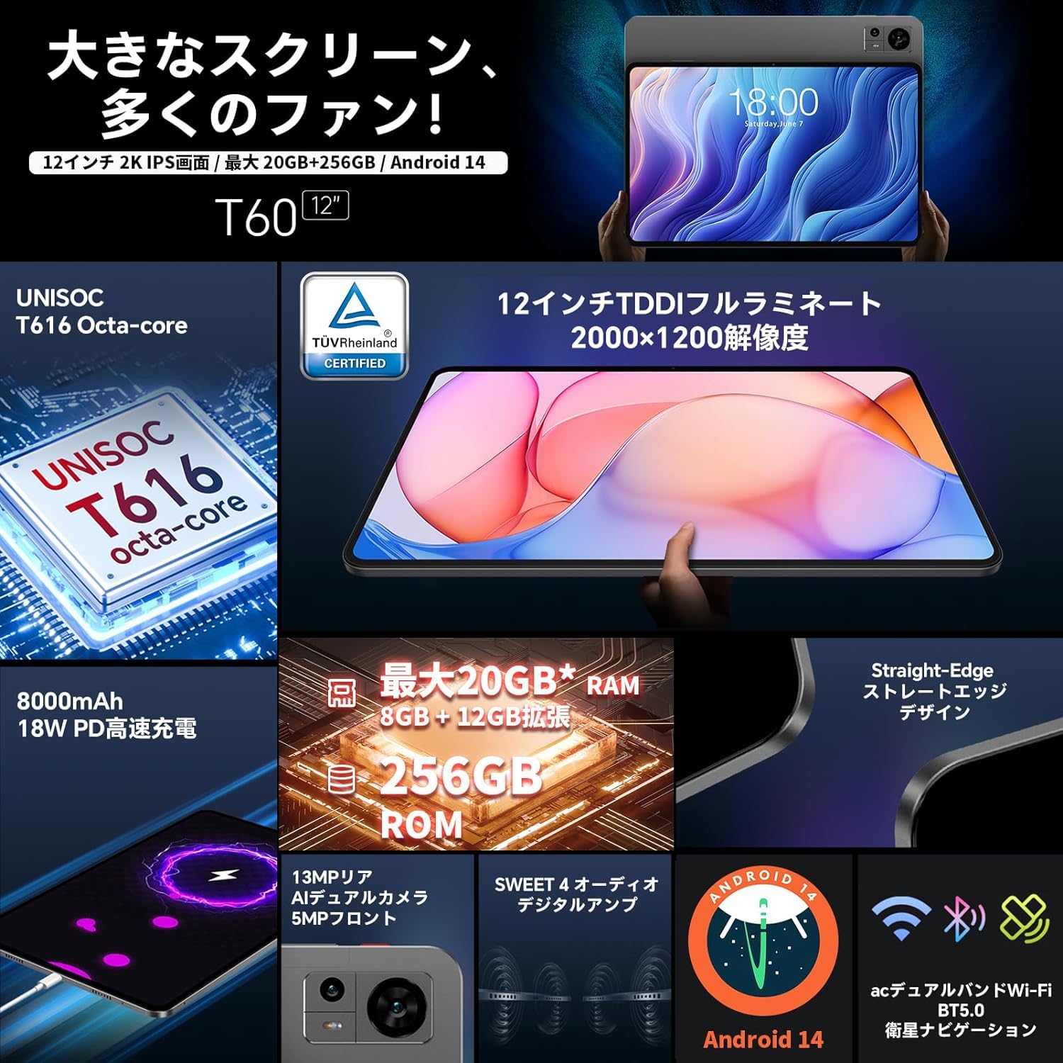 Amazon.co.jp: Android 14タブレット 12インチ TECLA T60タブレット 
