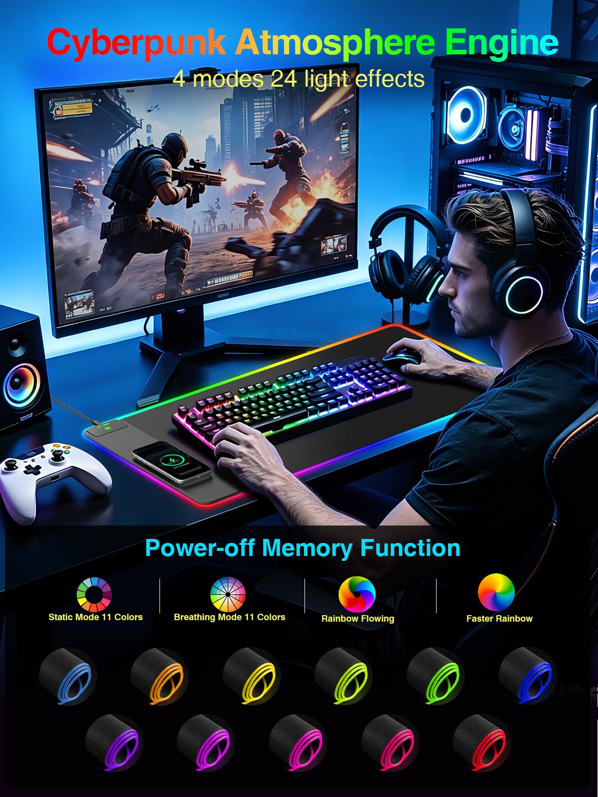 Tappetino per mouse con ricarica wireless, 80 x 40 cm, grande tappetino da scrivania per gaming, 24 effetti di luce, base antiscivolo, impermeabile, superficie liscia