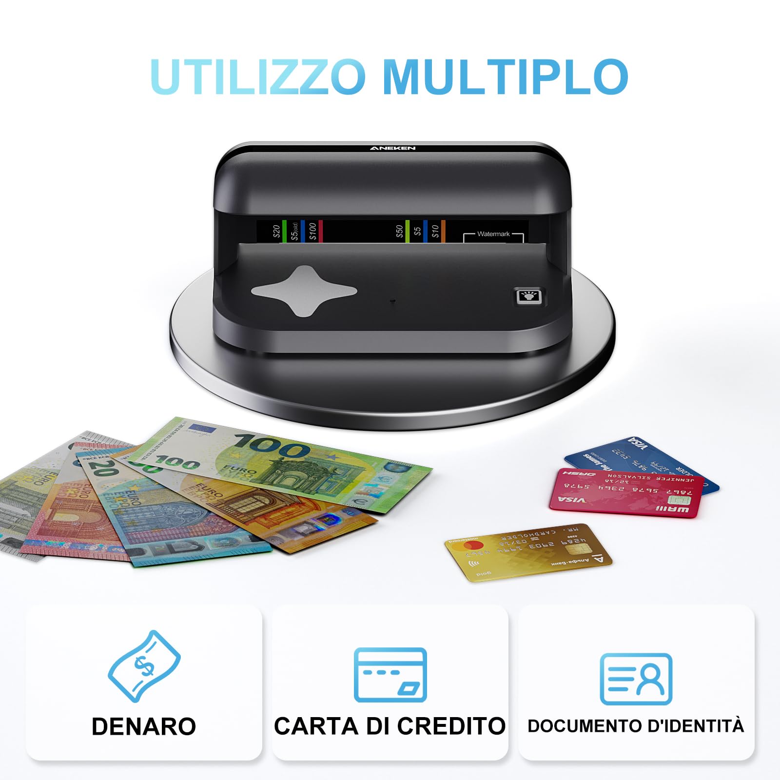 Aneken AL-17 rilevatore banconote false, controlla banconote con due lampade UV LED da 1800 lumen, verifica banconote UV, riconosce carte e documenti d’identità, adatto a tutte le valute globali