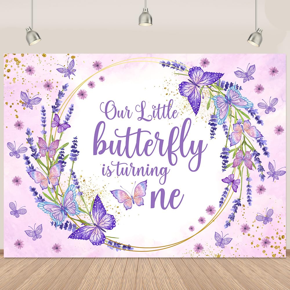 Our Litter Butterfly 1st Birthday Backdrop - Purple Watercolor, 7x5Ft