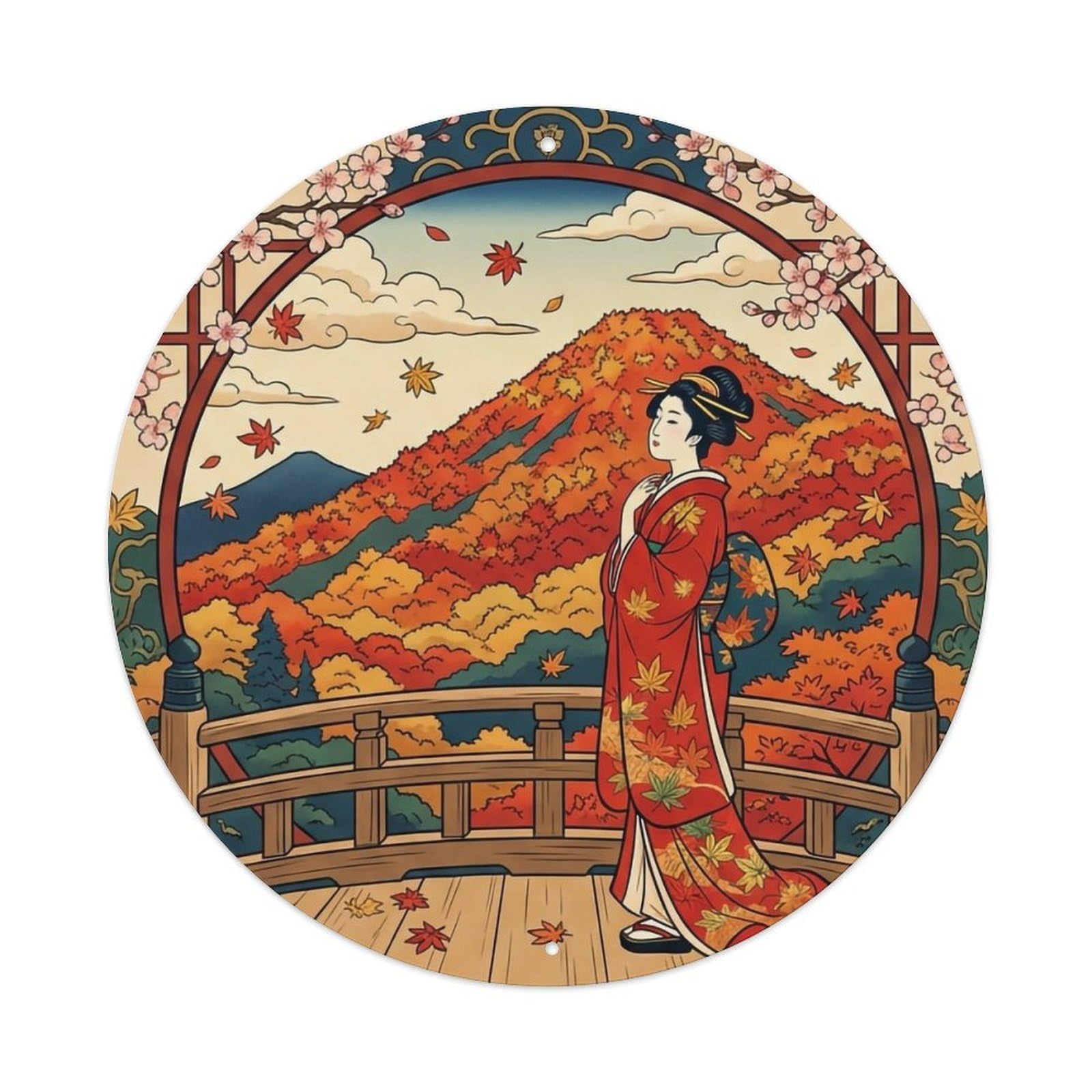 Japanese Geisha Red Maple Mountain Admiring Scenic Metal Tin Sign