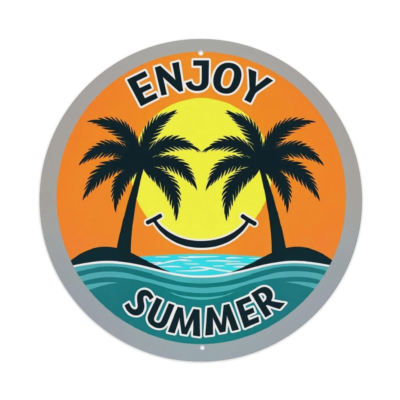 Enjoy Summer Palm Trees Sunset Vintage Metal Tin Sign Retro Wall Decor for Home Bar Garage Cafe, Indoor & Outdoor Decorative，circle Metal Poster, 8x8 Inch