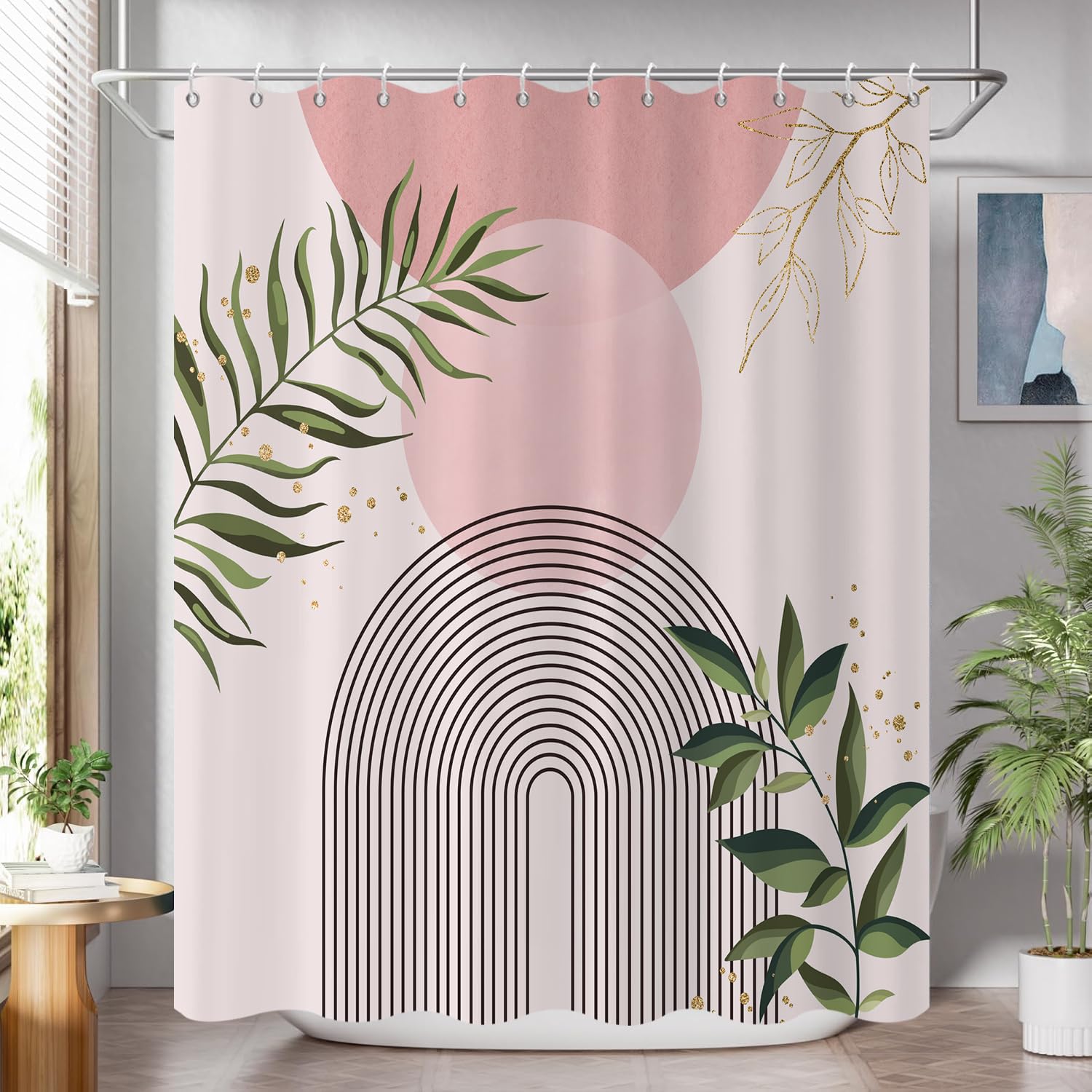 GCIREC Shower Curtain, 180x200cm, Pink Boho Mid Century Modern Abstract with Minimalist Leaf Waterproof Fabric Machine Washable Bathroom Curtain with Hooks
