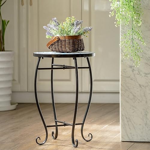 Miniatura 5 de HAPPYGRILL Mesa auxiliar para exteriores, mesa redonda de patio con mosaico de cerámica y marco de acero, mesa auxiliar pequeña para plantas de