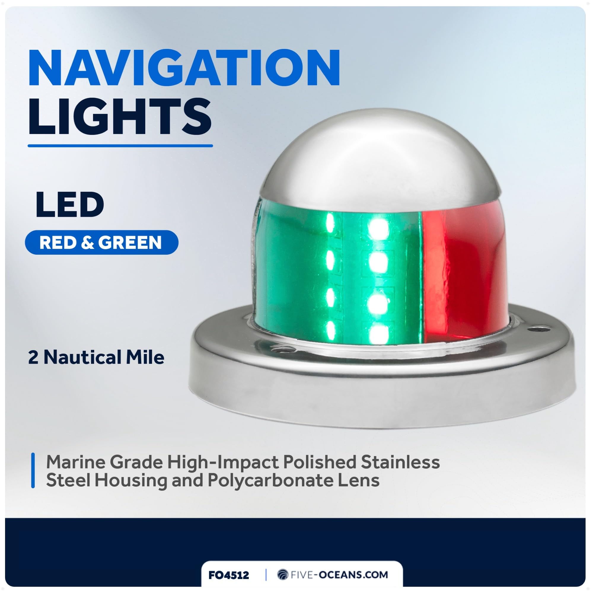 Five Oceans Boat Navigation Lights, LED Bow Light, Boat Navigation Lights Red and Green, Horizontal Mount Bi-Color Light, 12V, USCG Rules 2NM, for Pontoon, Fishing Boats, Bass Boats - FO4512