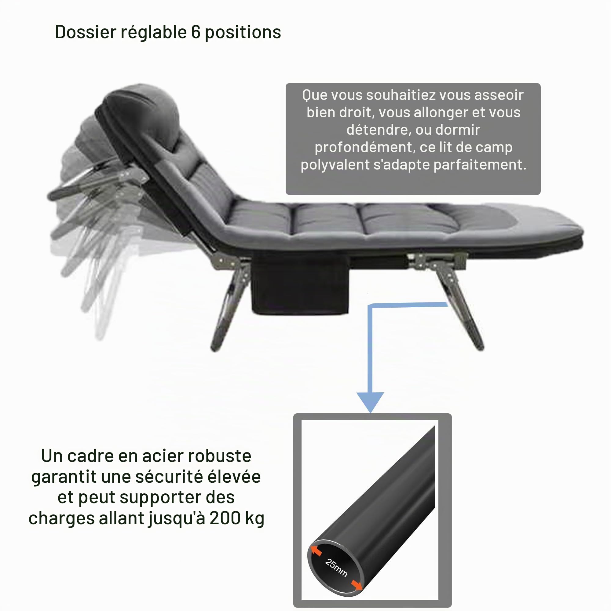 Transat Jardin Exterieur avec Coussin et Poche latérale, Transat Jardin avec Dossier Réglable sur 6 Positions, Charge jusqu'à 200 kg, Chaise Longue de Jardin Pliable relaxante pour Jardin