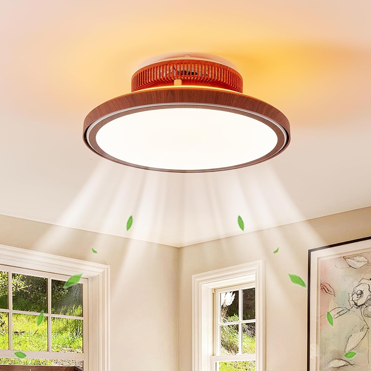 Farmhouse 18" Embedded Ceiling Fan with Light and Remote Control Dimmable LED Bladeless Ceiling Fan, Wood Grain Enclosed Chanelier Fan for Bedroom Living Room