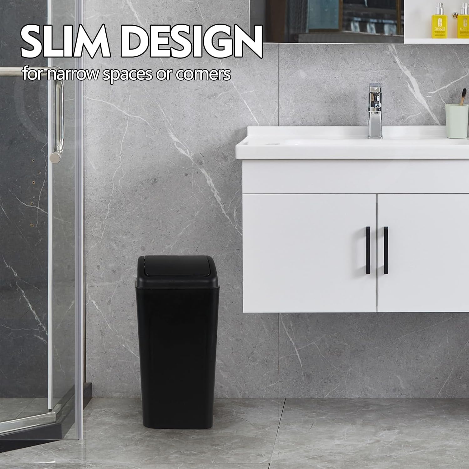 4.5 Gallon Plastic Swing Top Garbage Bin, Slim Trash Can with Lid for Kitchen, Office, Bedroom, 1 Pack(Black)