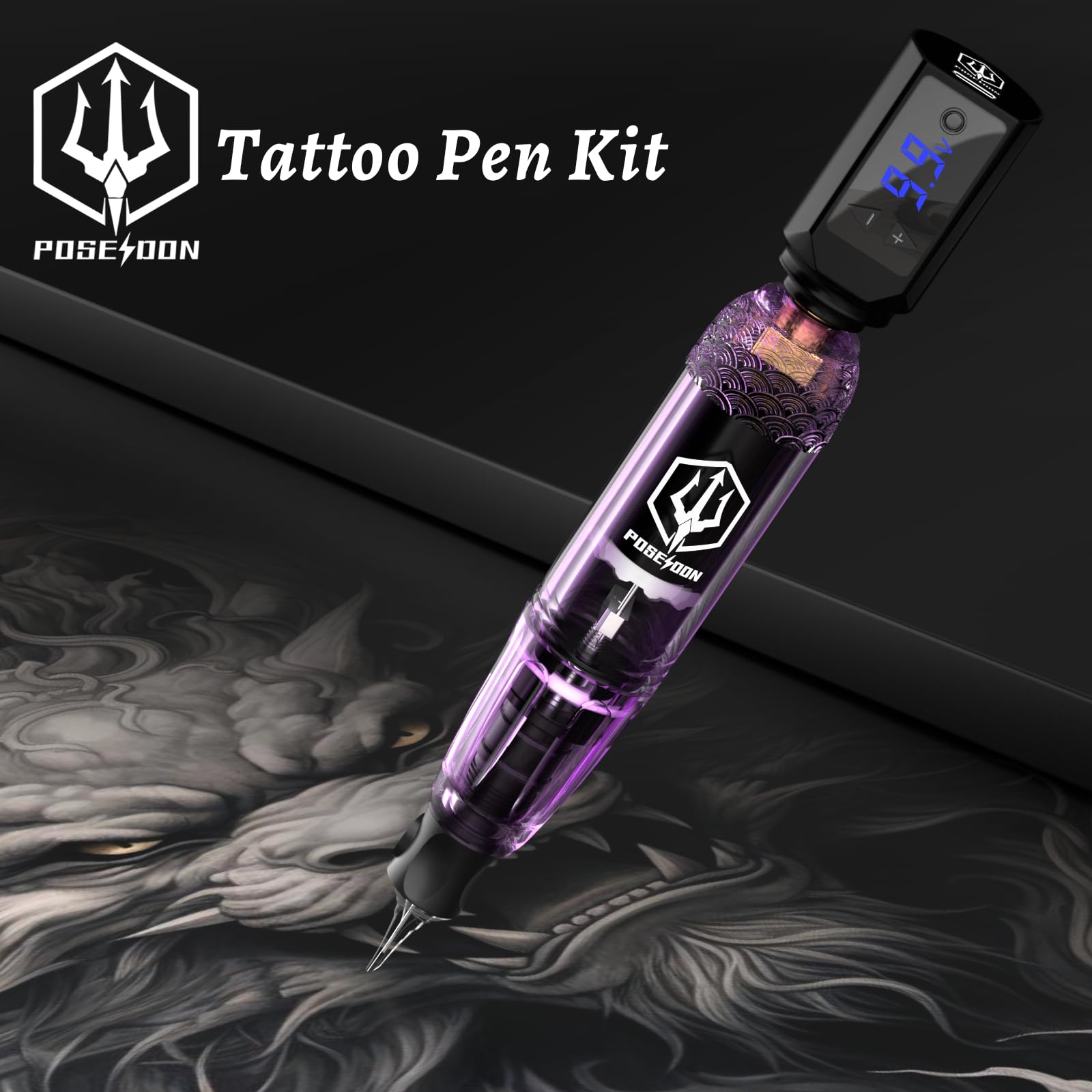 Kit de Machine à Tatouer Rotative Sans Fil POSEIDON avec 20 Cartouches d'Aiguilles,Encres & 2 Batteries Rechargeables | Pistolet à Tatouer Professionnel Portable pour Débutants | Fournitures Complètes
