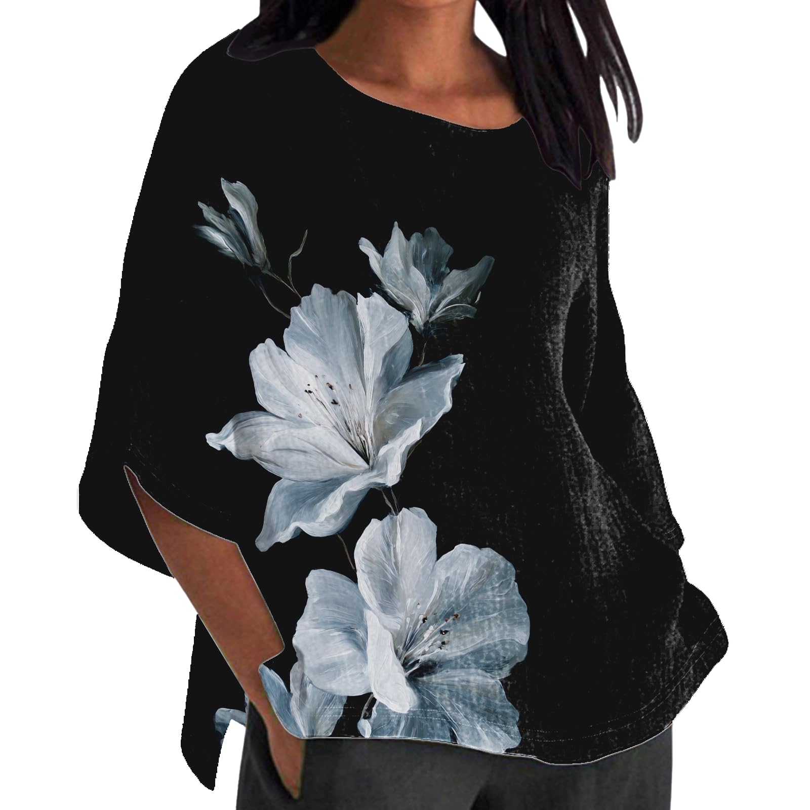 Vintage Floral Graphic Womens Blouse Casual Summer 3 4 Sleeve Shirt Loose Lightweight Comfy Crewneck Beach Tops