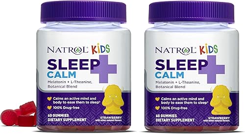 Miniatura 1 de Natrol Kids Sleep+ Calm, melatonina y L-teanina, gomitas de ayuda para dormir con mezclas botanciales, 100% libres de drogas, 60 unidades (paquete