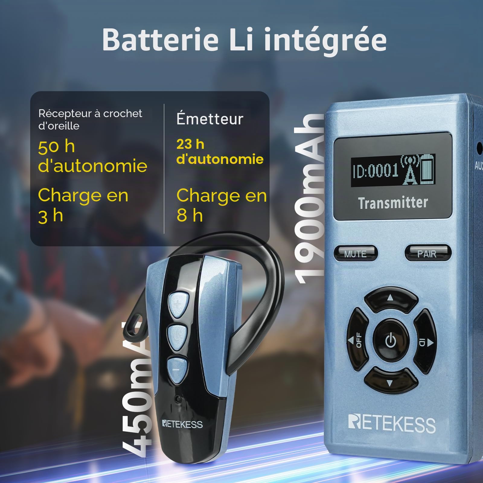 Retekess TT106S Système de Guide Touristique sans Fil, Récepteur à Crochet d'Oreille, 2.4G, Commande à Touche Unique, Port de Chargement USB, avec Sac de Rangement (2 Emetteurs, 20 Récepteurs)