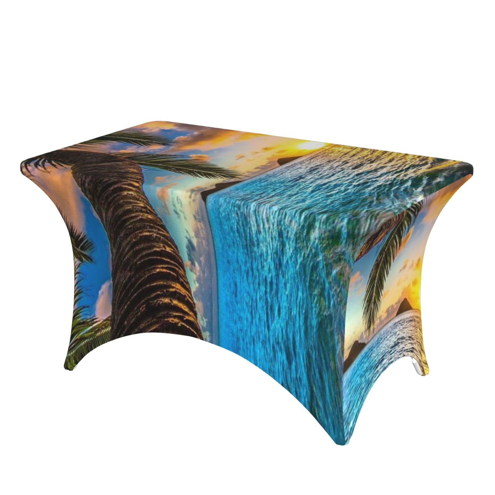 Dcehgew Sunset Beach 4Ft Spandex Rectangular Table Cloth, Printed Fitted Elastic Tablecloths Washable Table Cover For Event, Wedding, Banquet & Party