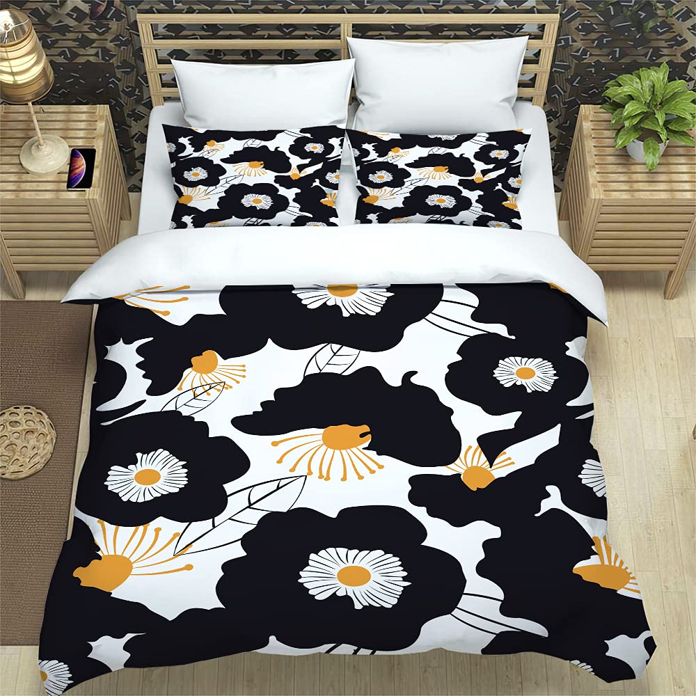 Housse de couette 240x260 pétales noirs avec 2 taies d'oreiller 50x75 cm en microfibre pour lit adulte
